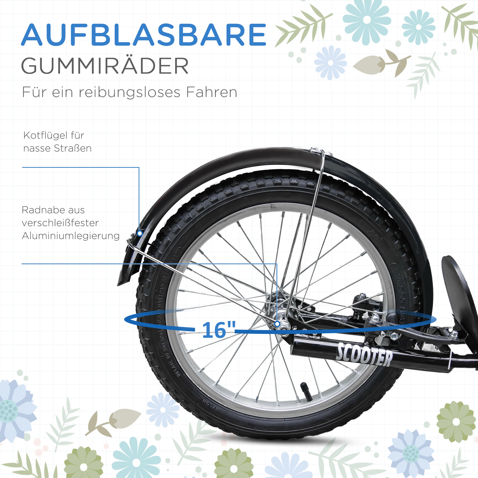 Kinderroller, Scooter mit Bremse, inkl. Korb, höhenverstellbar, für Kinder 5-12 J., blau+schwarz