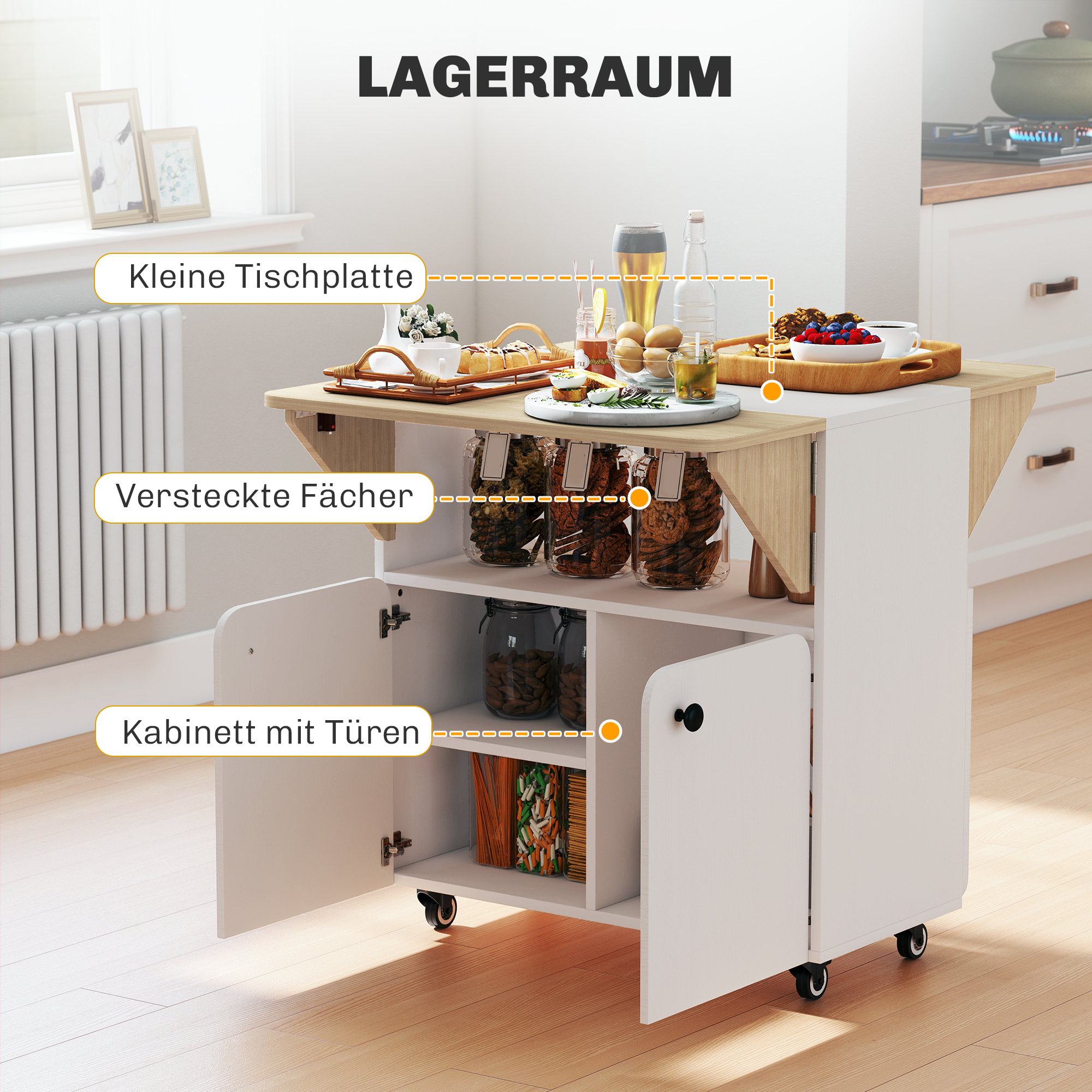 Klapptisch Rollschrank, zwei klappbare Tischseiten, Schrankfach, 4 Rollen, Weiß+Naturholz, 70 x 83 x 75cm