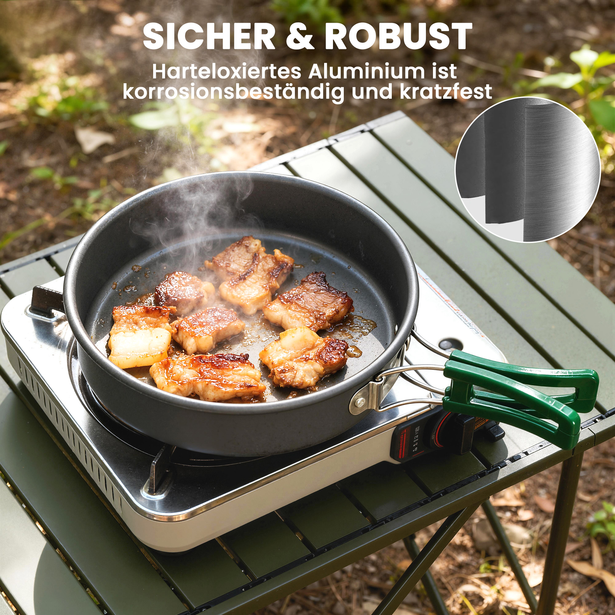 Camping Kochgeschirr Set 5-teiliges Outdoor Geschirr Set mit Anti-Verbrühungsgriffen Topf Pfanne für 4-5 Personen Grau