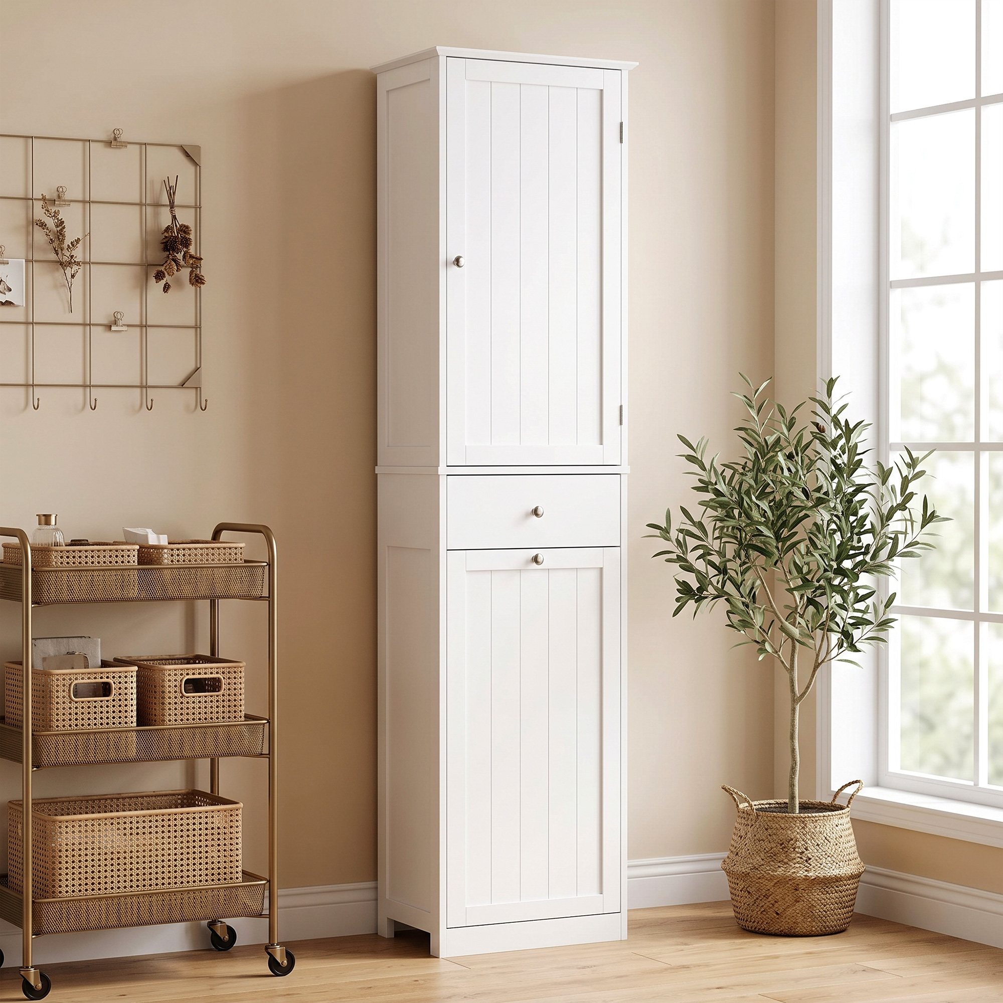 Hochschrank Badezimmer mit Kippbarem Wäschefach Badschrank Schmal 180cm Weiß