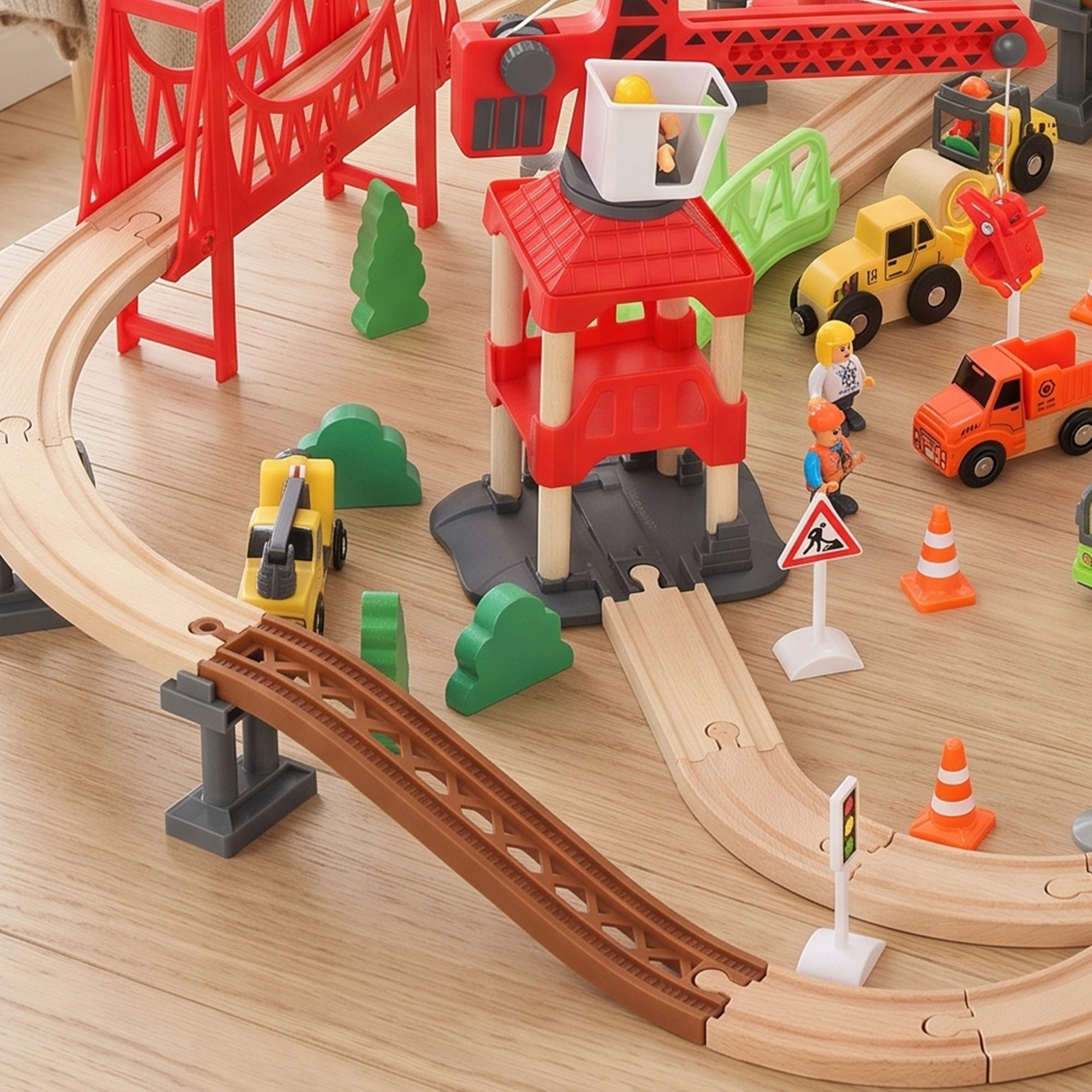 Holzeisenbahn Set 91 Stück Eisenbahn Set mit Kran Zügen Baufahrzeugen, Schienen Brücke für Kinder ab 3 Jahren