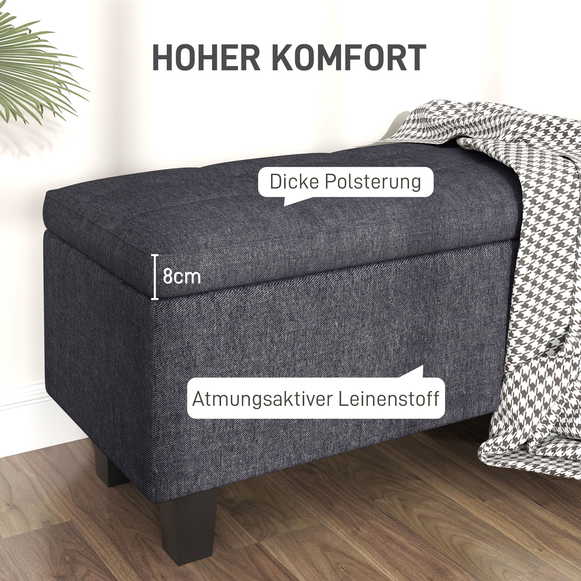Stauraum-Polsterbank in Leinenoptik, mit Kautschukholzbeinen, für Wohnzimmer, Schlafzimmer, Flur, Dunkelgrau
