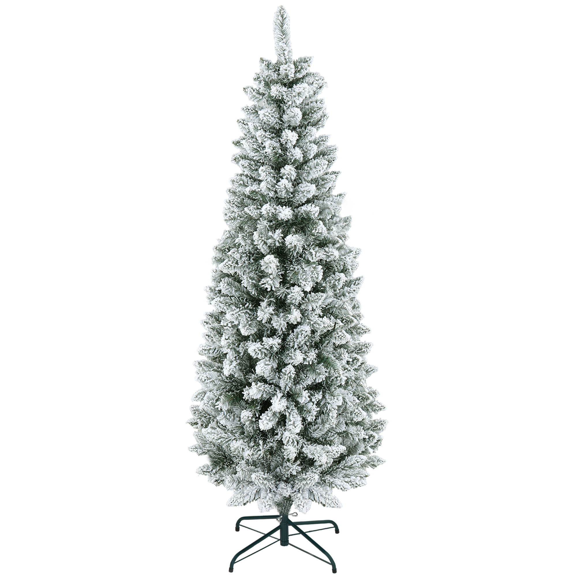 Künstlicher Weihnachtsbaum, schlanke Form, Kunstschnee, dreiteilig, flammhemmend, Metallfuß, 180 cm, Grün