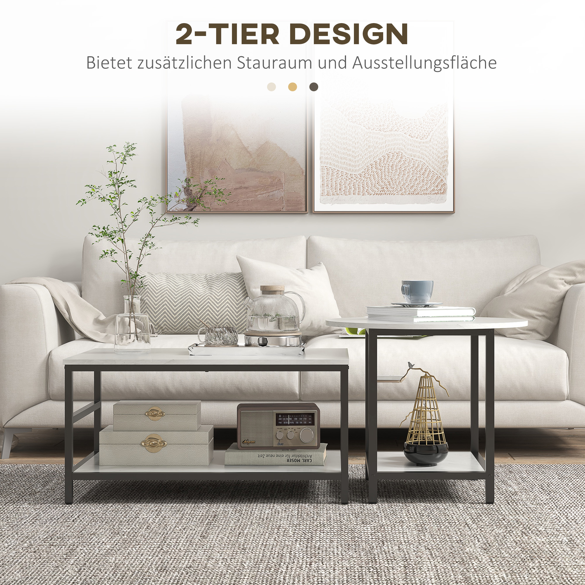 Couchtisch-Set, 2 Beistelltische, Marmoroptik, verstellbare Füße, Stahl, Schwarz/Weiß