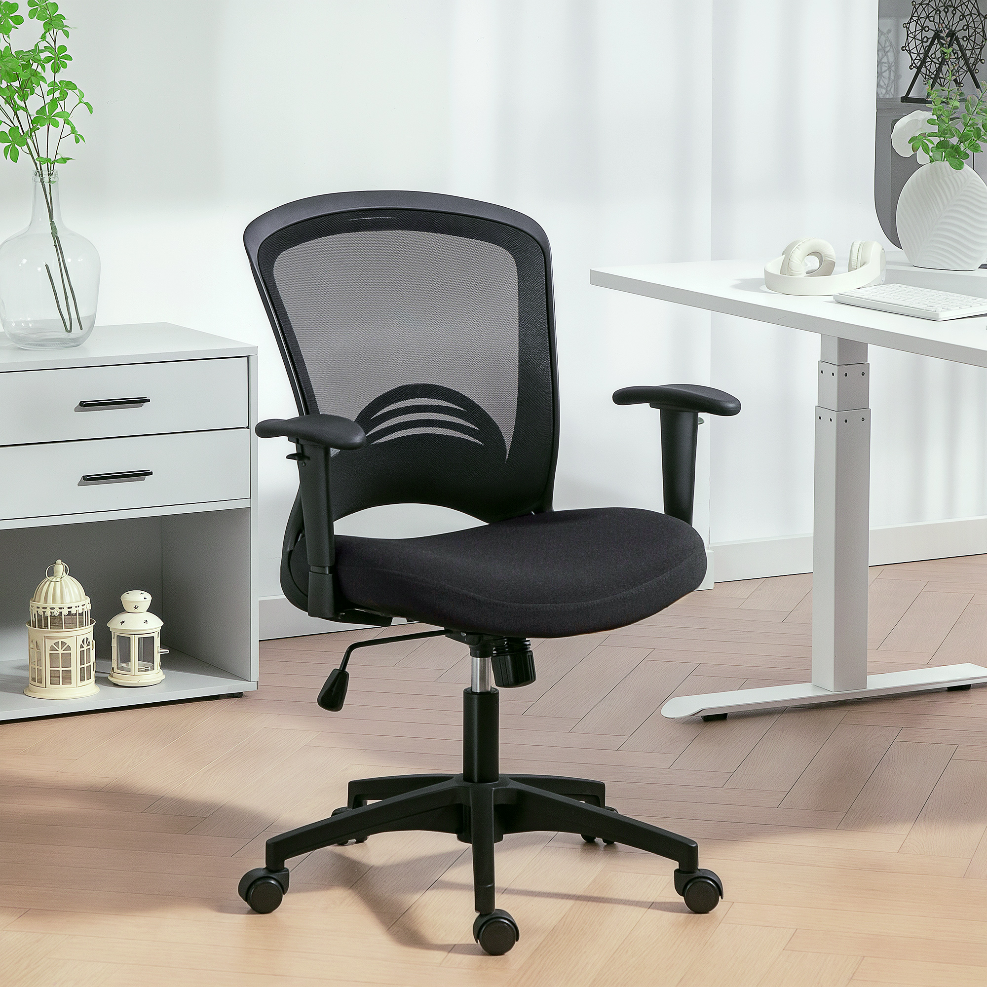 Netz-Bürostuhl, verstellbarer Schreibtischstuhl mit Netzstoff-Rückenlehne, rollbar, mit Kippfunktion, Schwarz