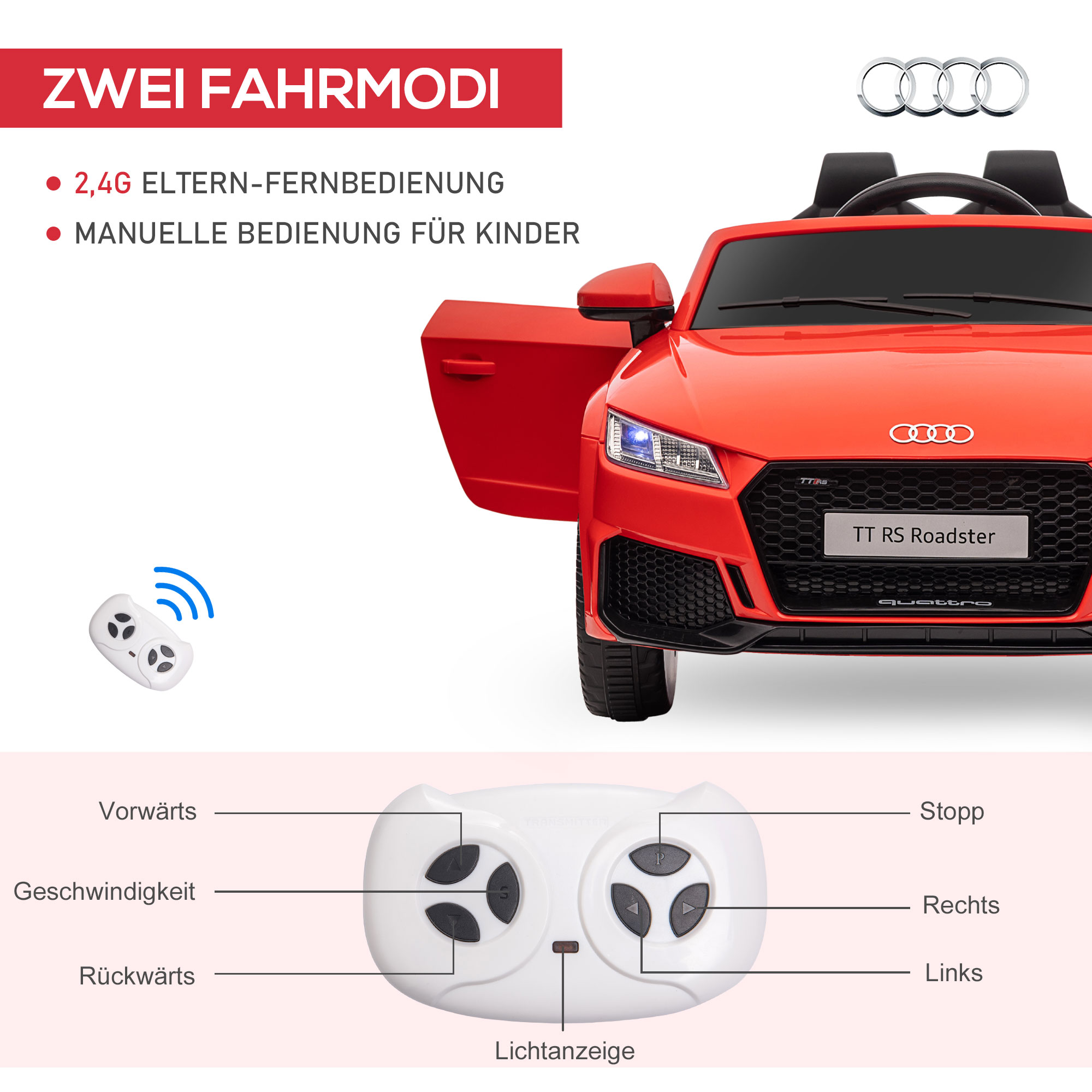 Kinderfahrzeug Audi TT RS Roadster, 3 km/h, Fernbedienung, LED, USB, rot