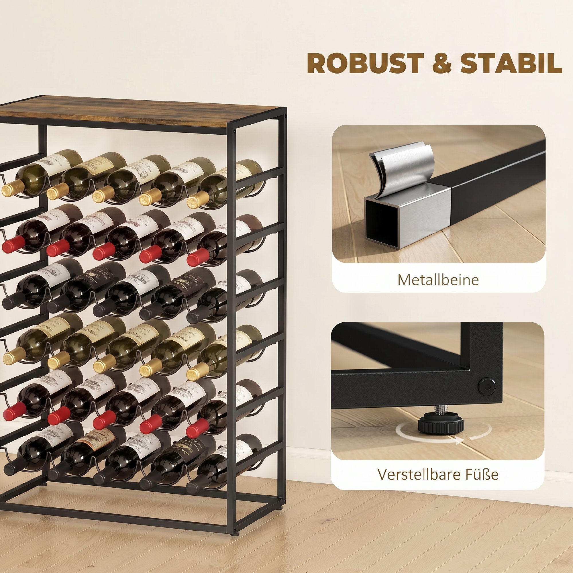 Weinregal für 30 Flaschen freistehendes Flaschenregal aus Metall für Keller Lagerraum 59 x 30 x 88,5 cm Rustikal-Braun