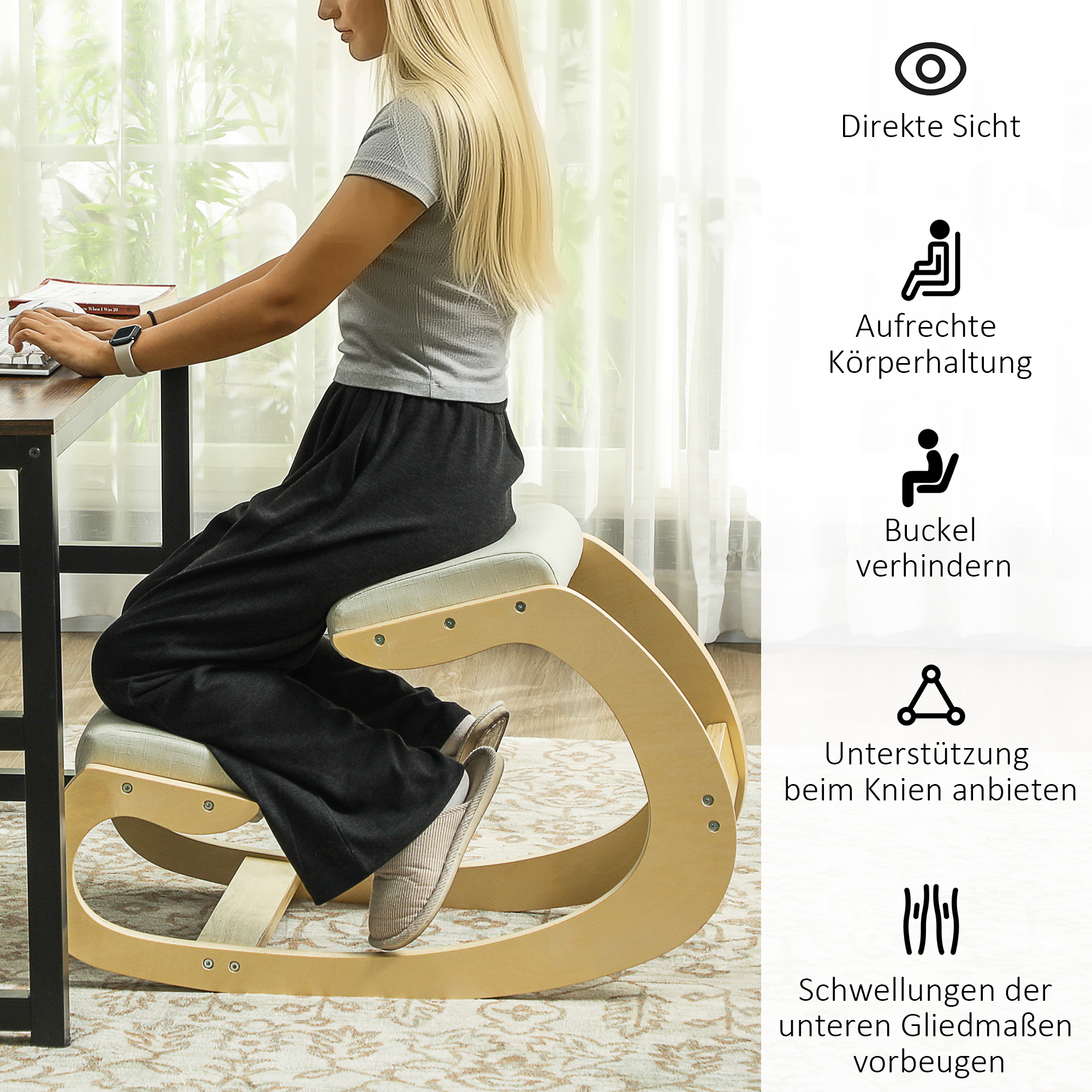 Ergonomischer, schaukelnder Kniehocker für Homeoffice, zur Verbesserung der Körperhaltung, Creme
