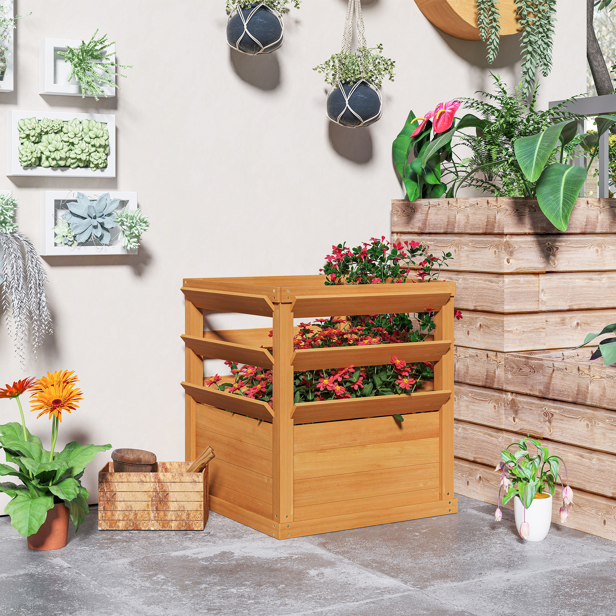 Hochbeet Pflanzkasten mit Rankgitter, Spalier Pflanzkübel Blumenkasten Holz 65 x 65 x 60 cm Karamellbraun