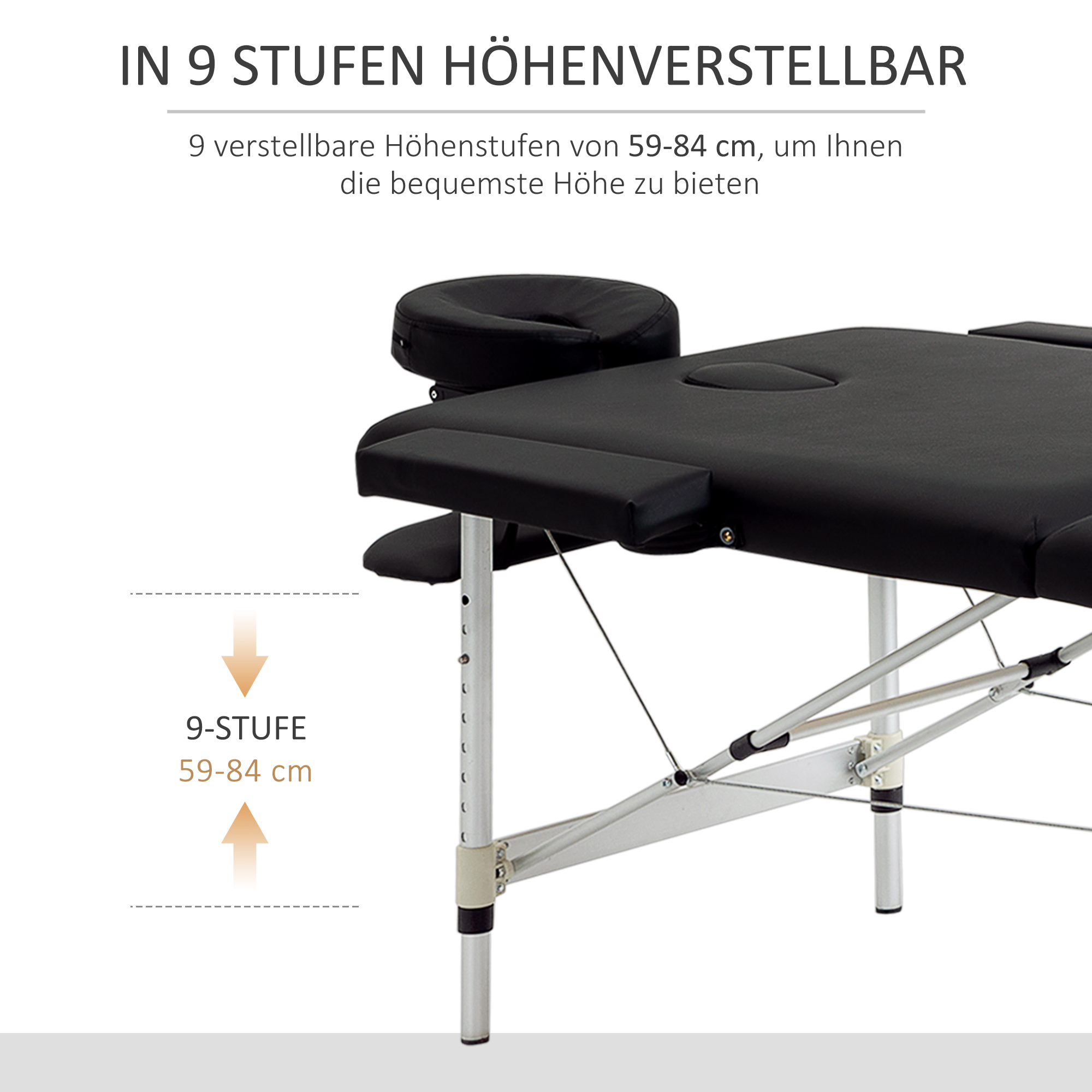Massageliege, 2 Zonen klappbarer Massagetisch mit Kunstleder, Kopfstütze, Armlehnen, Tasche, höhenverstellbare Massagebank 90cm Breit bis 225 kg belastbar, Schwarz