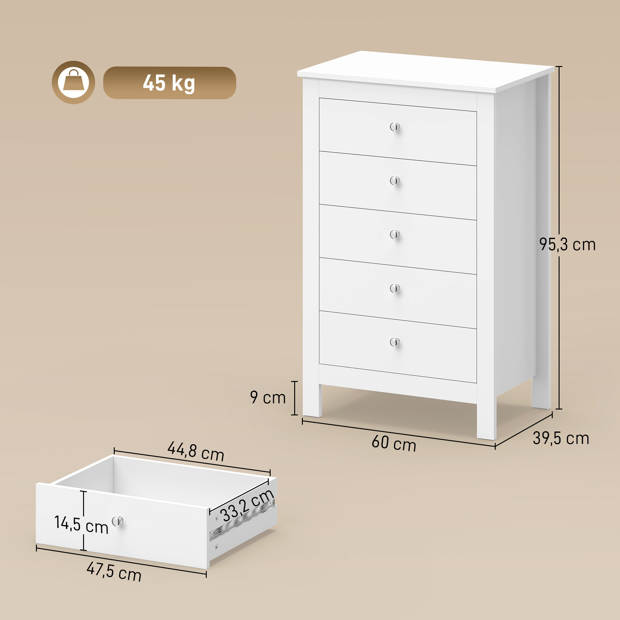 Kommode mit 5 Schubladen, Schrank mit leichtgängigen Schienen für Schlafzimmer, 60 x 39,5 x 95,3 cm, Weiß