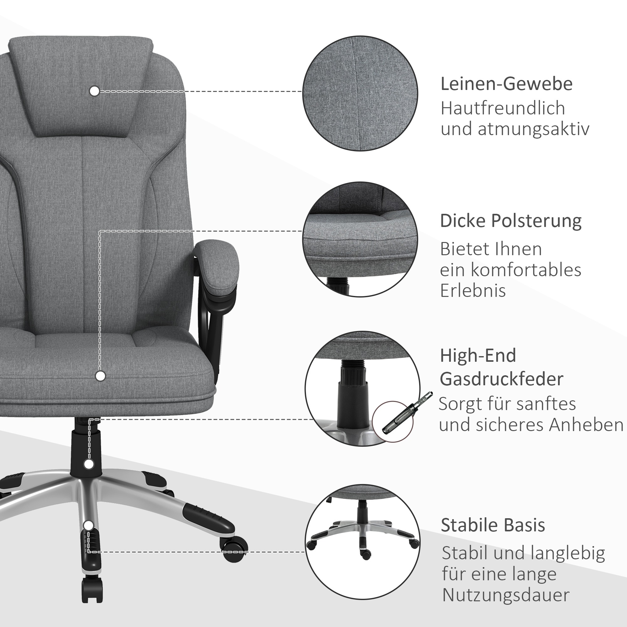 Bürostuhl Schreibtischstuhl Chefsessel, höhenverstellbar, Wippfunktion, 6 cm x 75 cm x 120 cm, Grau