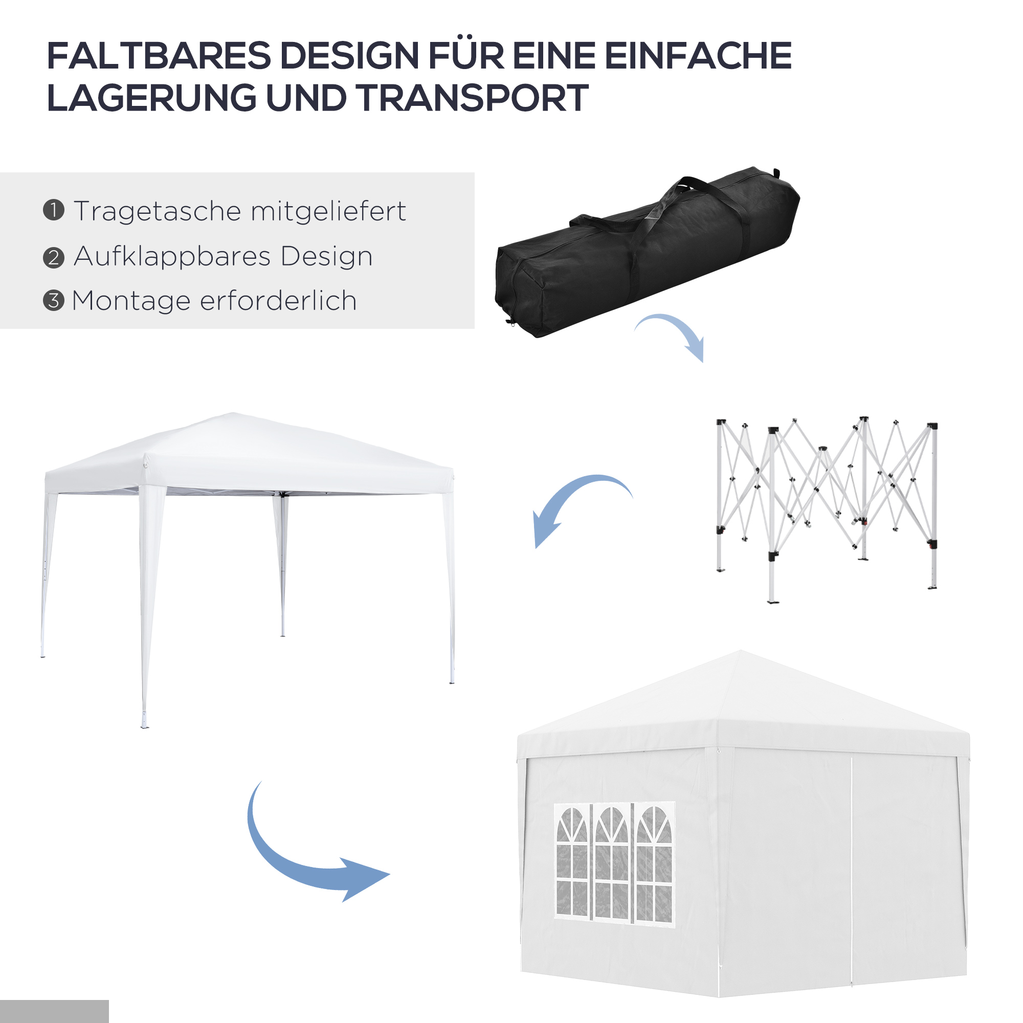 3 x 3 m Pavillon mit 4 Seitenwänden, Fenster, Festzelt mit UV-Schutz, Gartenzelt inkl. Tragetasche, Stahl, Weiß