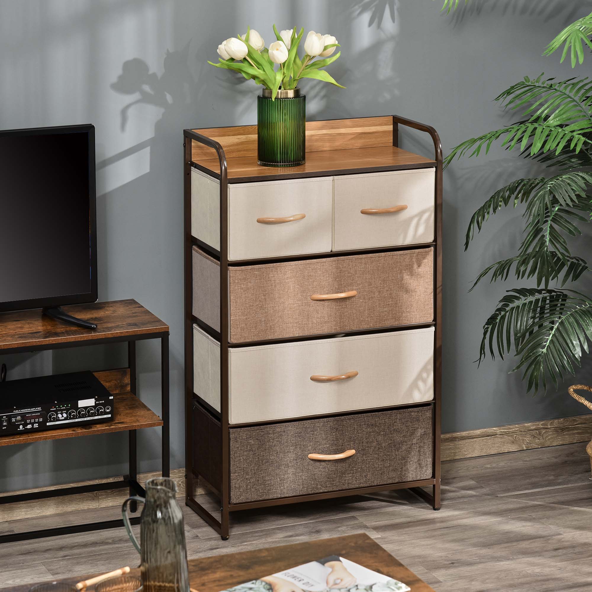 Kommode mit 5 faltbaren Stoffschubladen, Ablage, stabiler Stahlrahmen, 58 x 29 x 99 cm