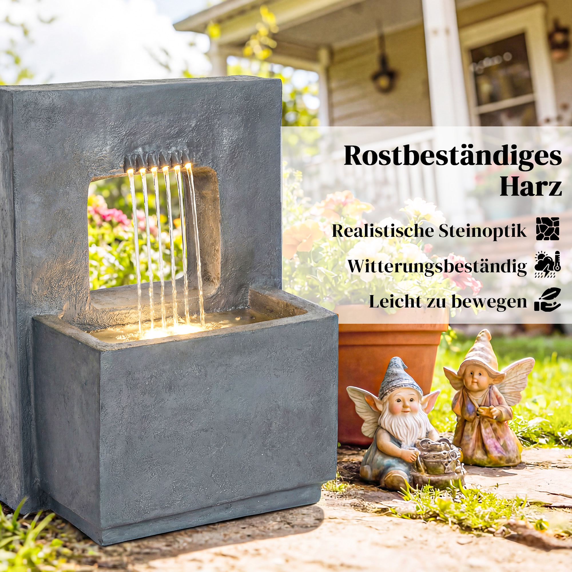 Springbrunnen 2-stufig Gartenbrunnen mit LED Beleuchtung Pflanzkübel Pumpe Steinoptik, Verstellbar 45 x 31,5 x 58,5 cm
