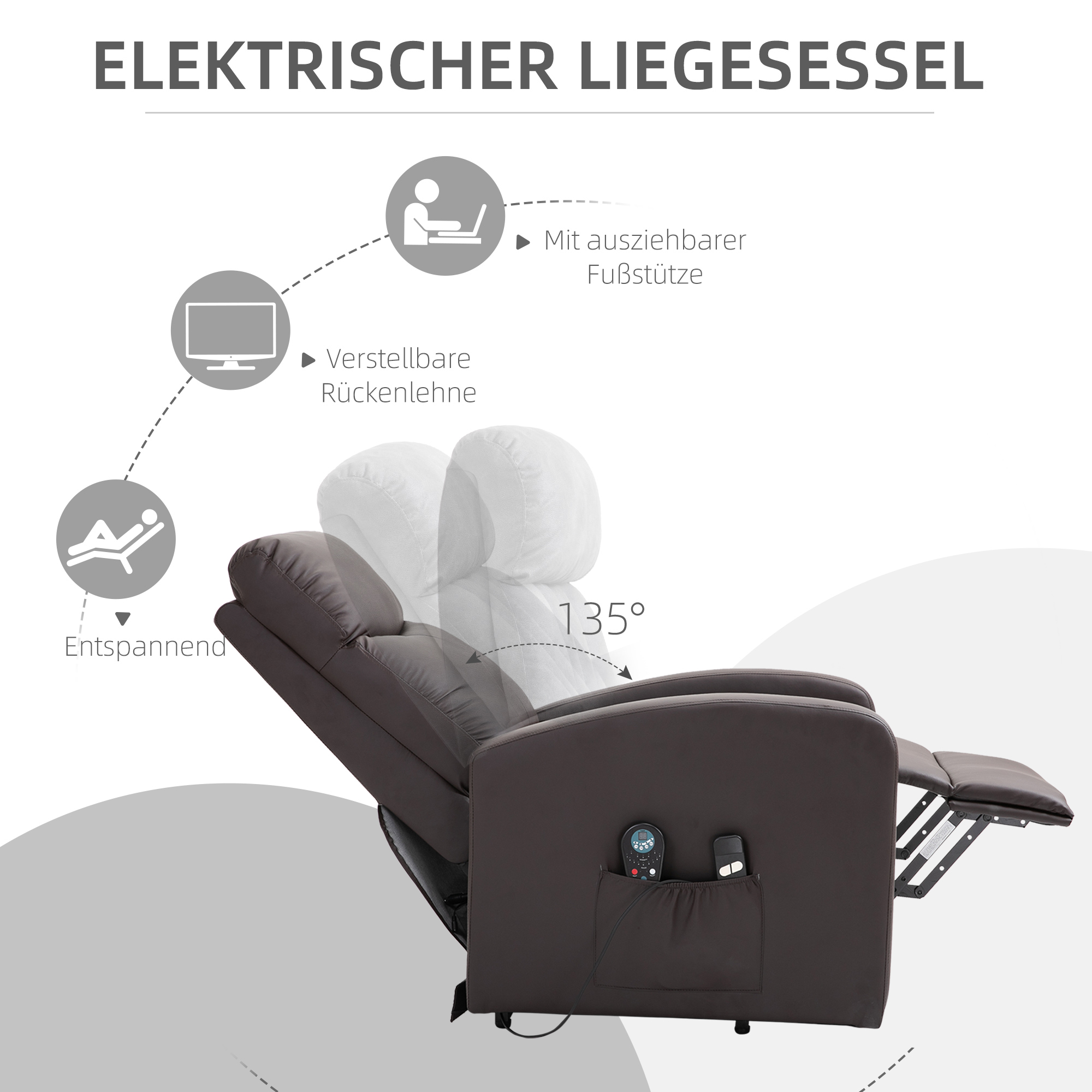 Massagesessel mit Aufstehhilfe, Relaxsessel, Liegesessel, Kopfstütze, 8 Vibrationspunkte, 2 Fernbedienungen, Braun