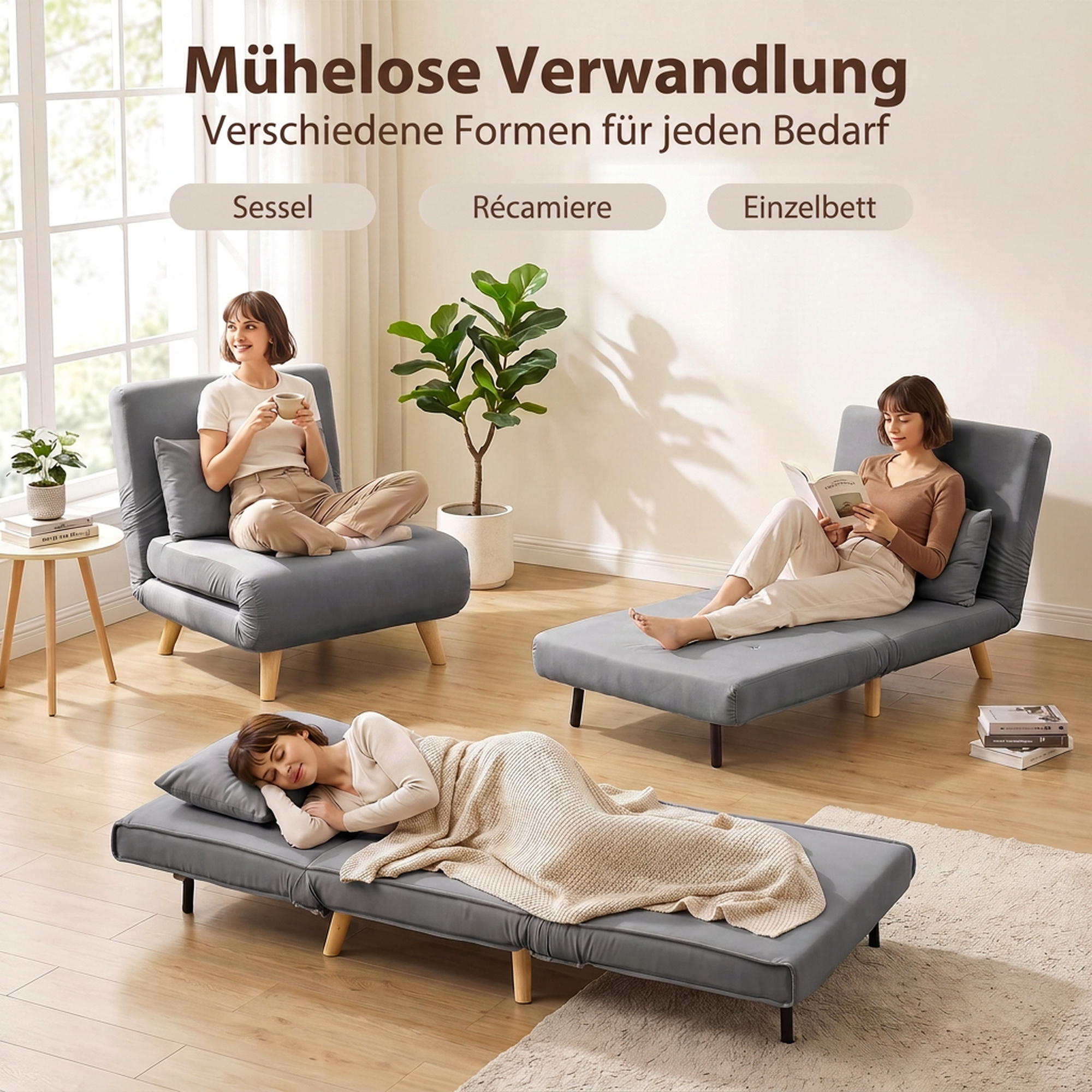 3-in-1 Schlafsessel, Klappsessel mit Schlaffunktion, verstellbare Click-Clack-Rückenlehne, Grau
