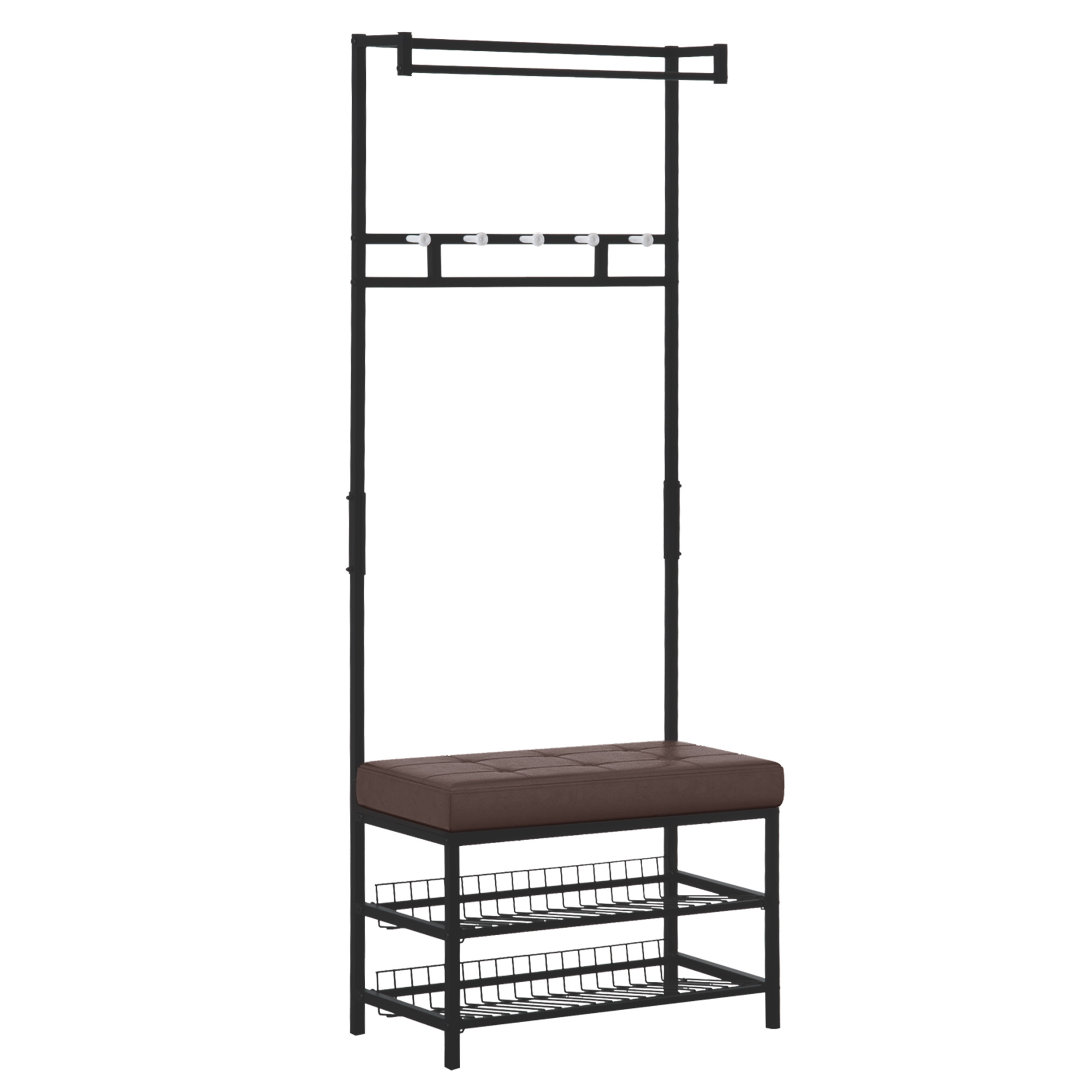 Garderobenständer Kleiderständer mit 5 Haken und Schuhbank mit 2 Ebenen Garderobe aus Metall für Flur, Schlafzimmer, 72,5 x35 x 180cm