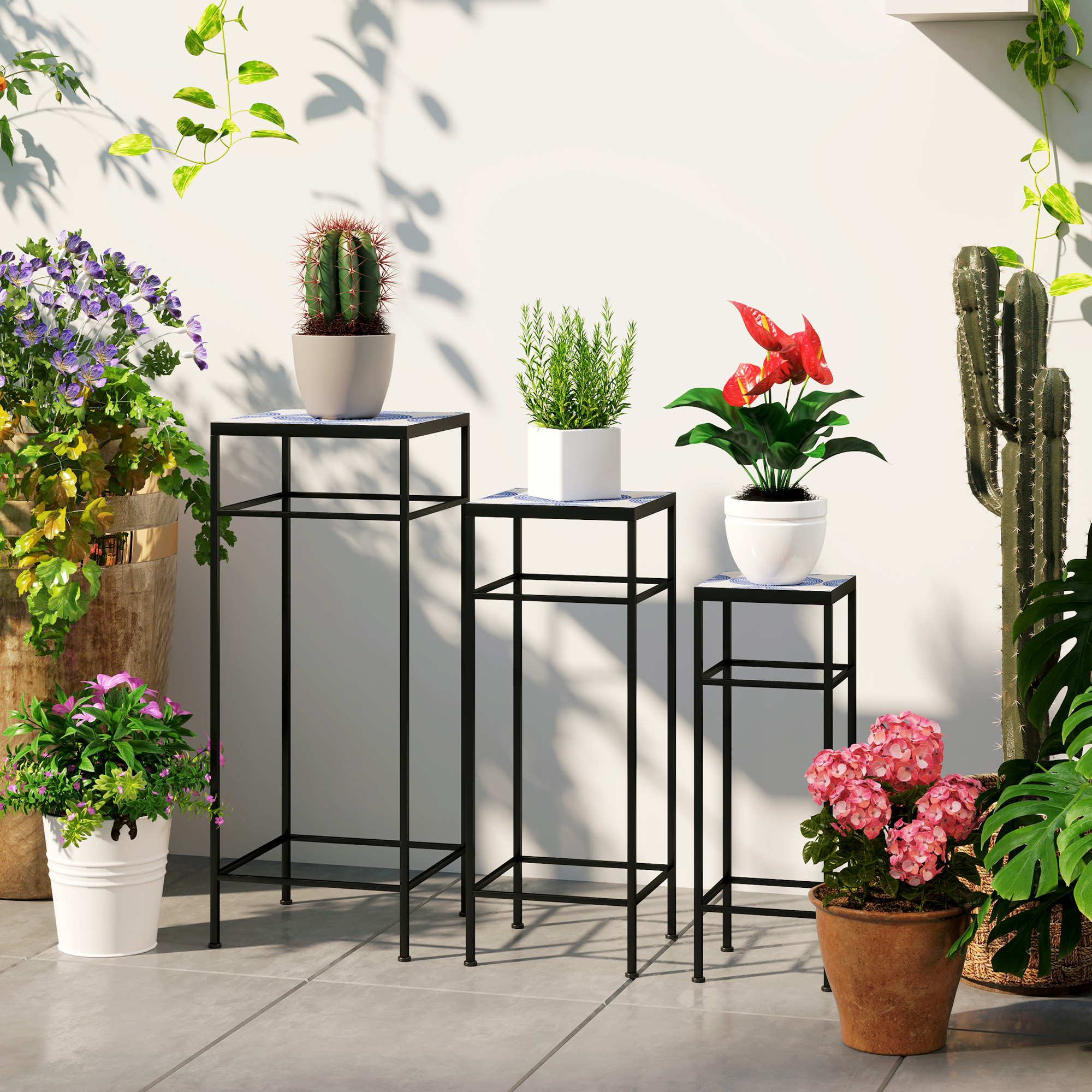 3er-Set Pflanzenständer, 3 verschieden große Gestelle zum Präsentieren von Blumen und anderen Gegenständen, Blau+Weiß
