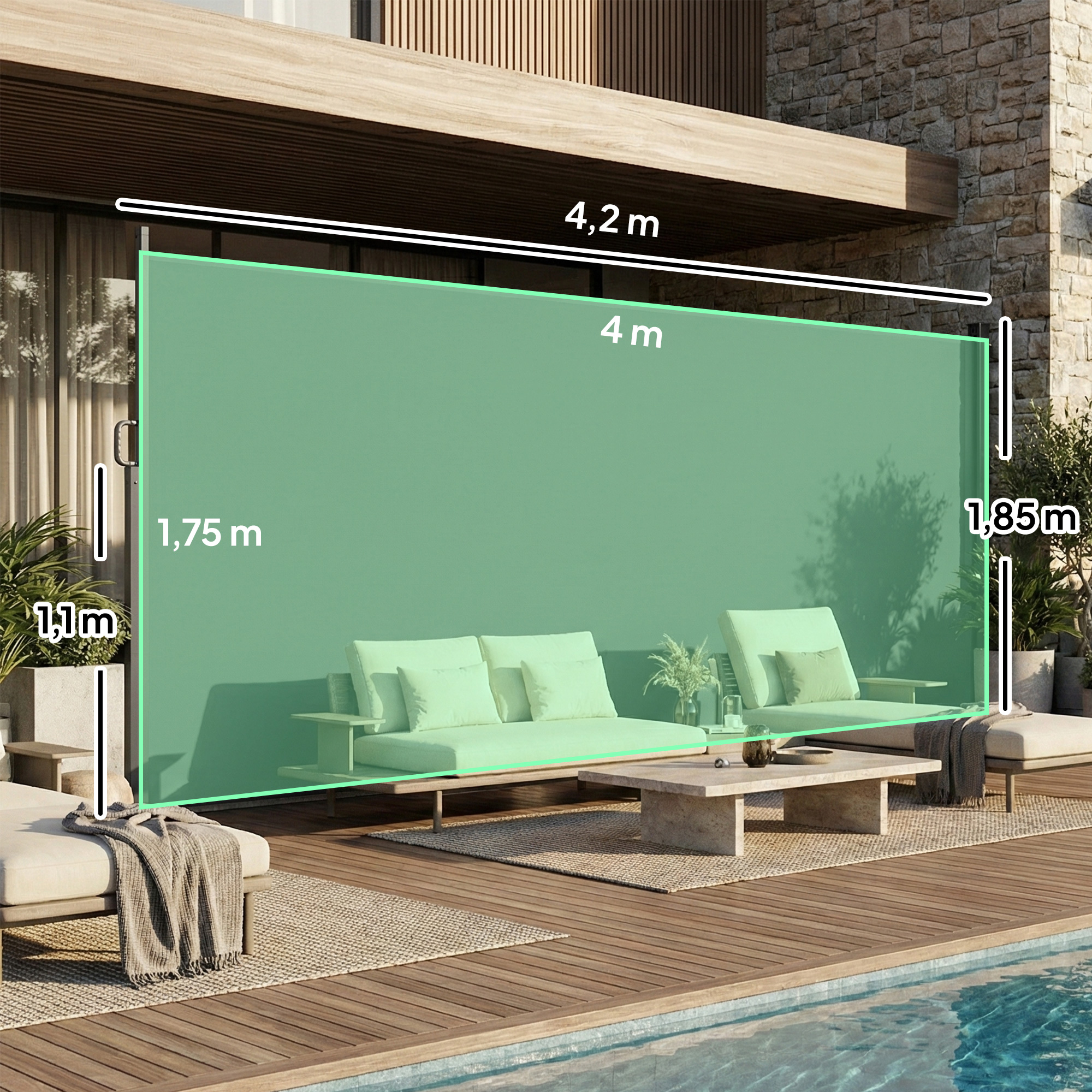 Ausziehbare Seitenmarkise, Sichtschutz für Außenbereiche, Wasserabweisend, UV 50+, 420 x 185 cm, Dunkelgrau