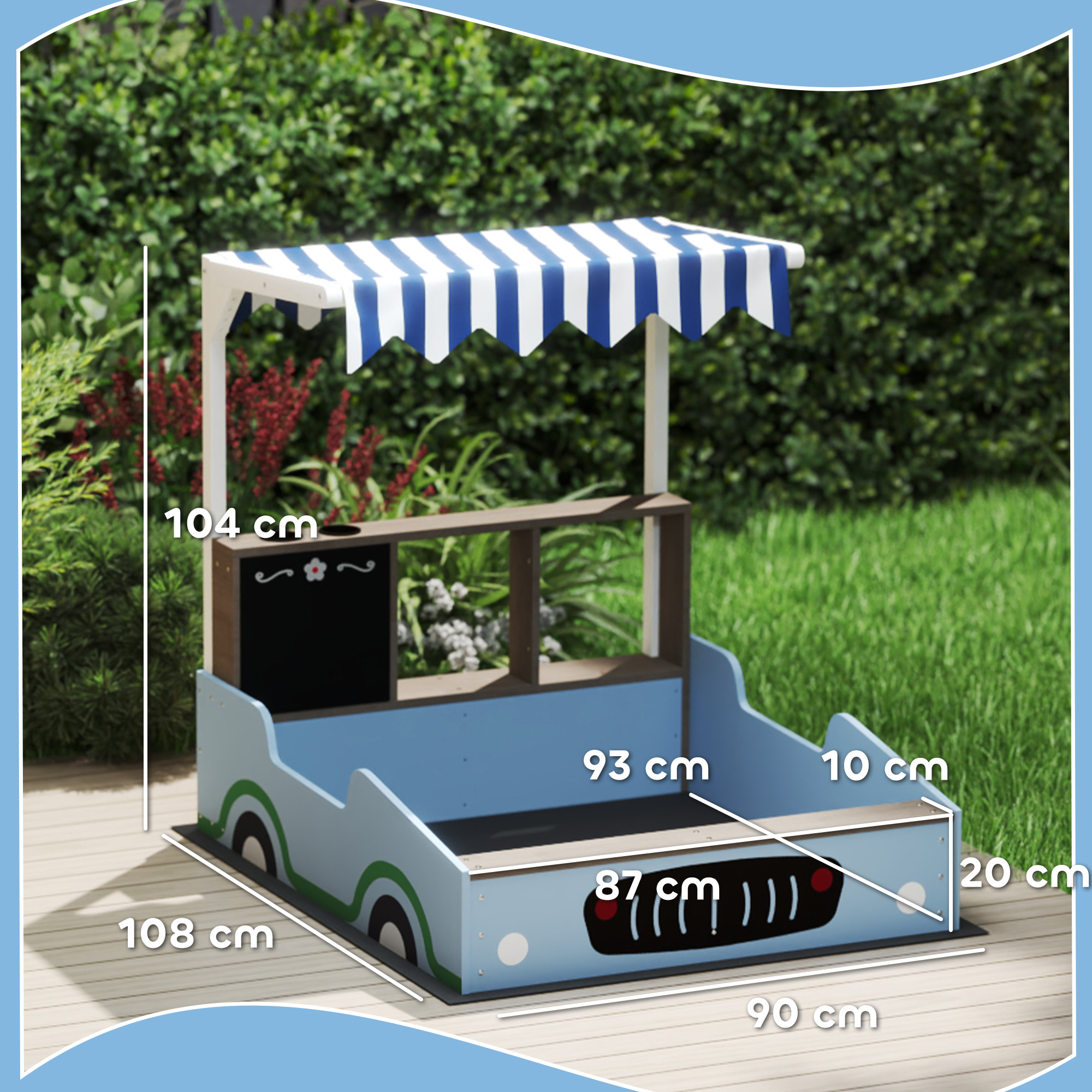 Sandkasten mit Vordach, Einkaufsladen-Design, Sitzbank, Zeichentafel, Tannenholz, 104H x 108L x 90B cm, Blau