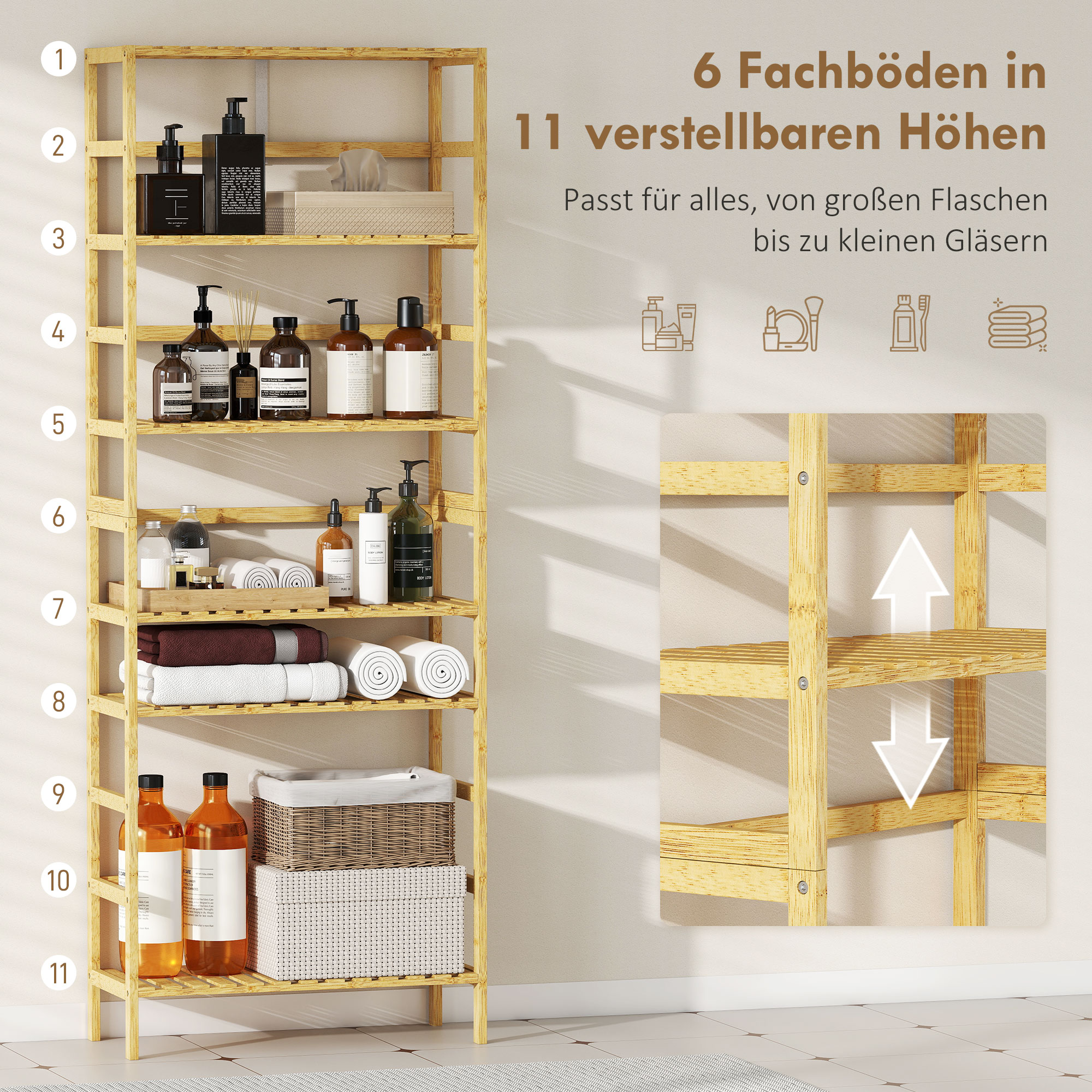 6-Ebenen-Regal aus Bambusholz, verstellbare Regalböden, freistehendes Aufbewahrungsregal, Naturholz