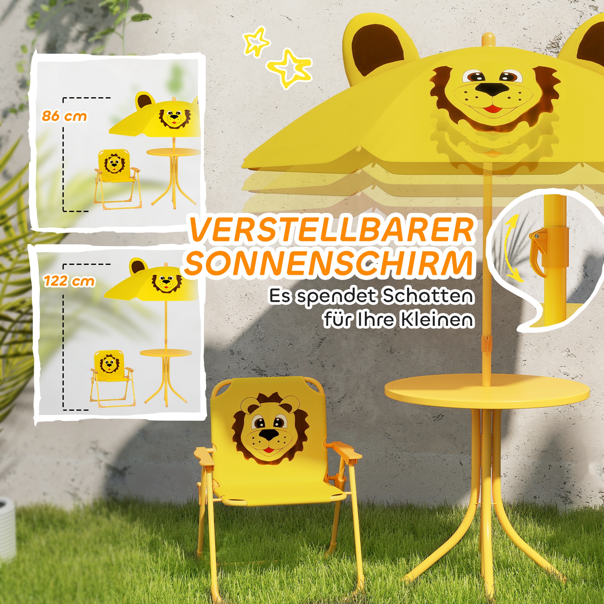 Gartenmöbel-Set für Kinder, Stühle, Tisch, Sonnenschirm, Löwen-Design, Gelb