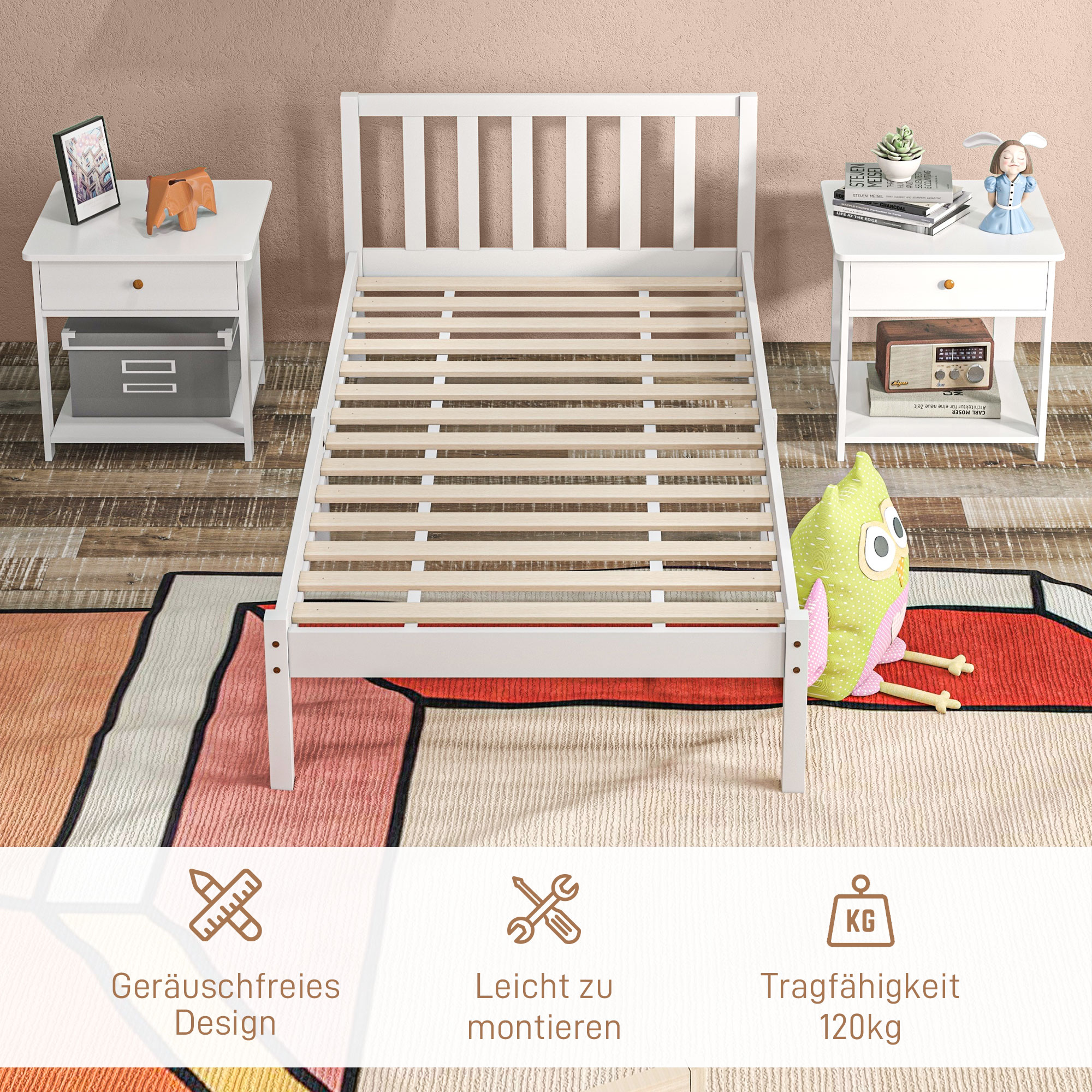 Einzelbettgestell, Kopfteil & Lattenrost, 26cm Freiraum unter Bett, Kiefernholz, 208x96x70 cm, Weiß