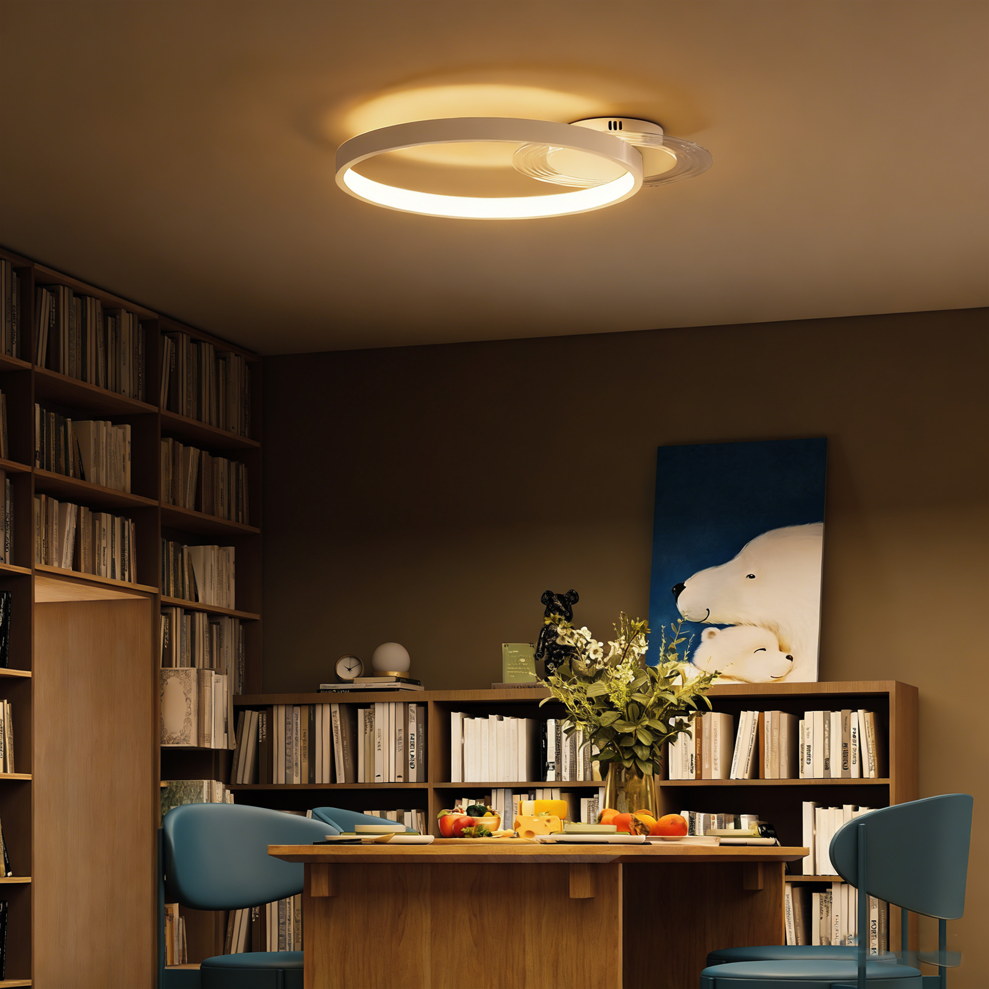 Deckenlampe, Deckenleuchte mit Zwei-Ring-Design, Rund 50 x 40 x 7,4 cm, Weiß