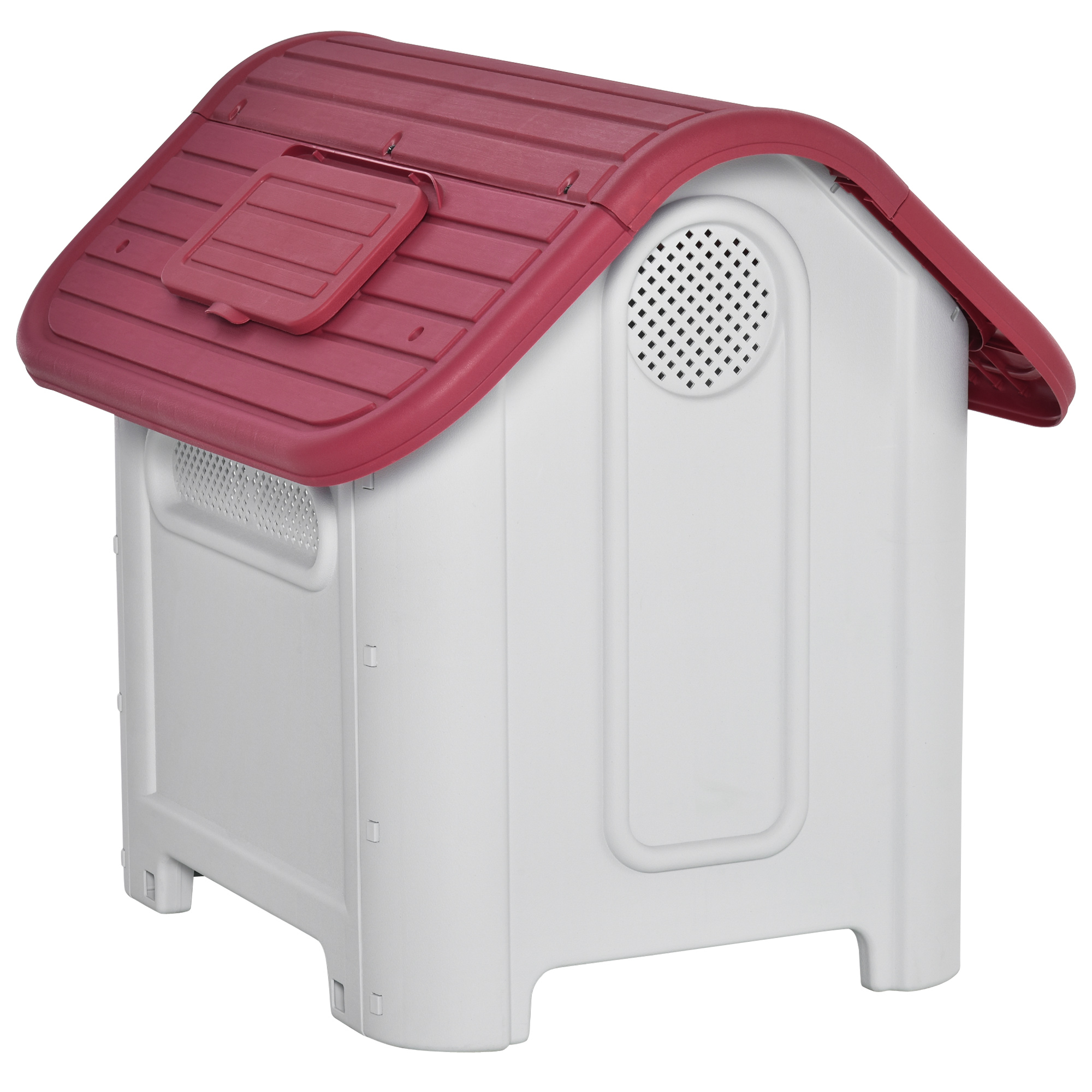 Hundehütte Outdoor Hundehaus mit Dachluke Tor Unterschlupf für kleine Hunde Kleintierstall Luftzirkulation wasserdicht Metall Kunststoff Rot+Hellgrau 59 x 75 x 66 cm