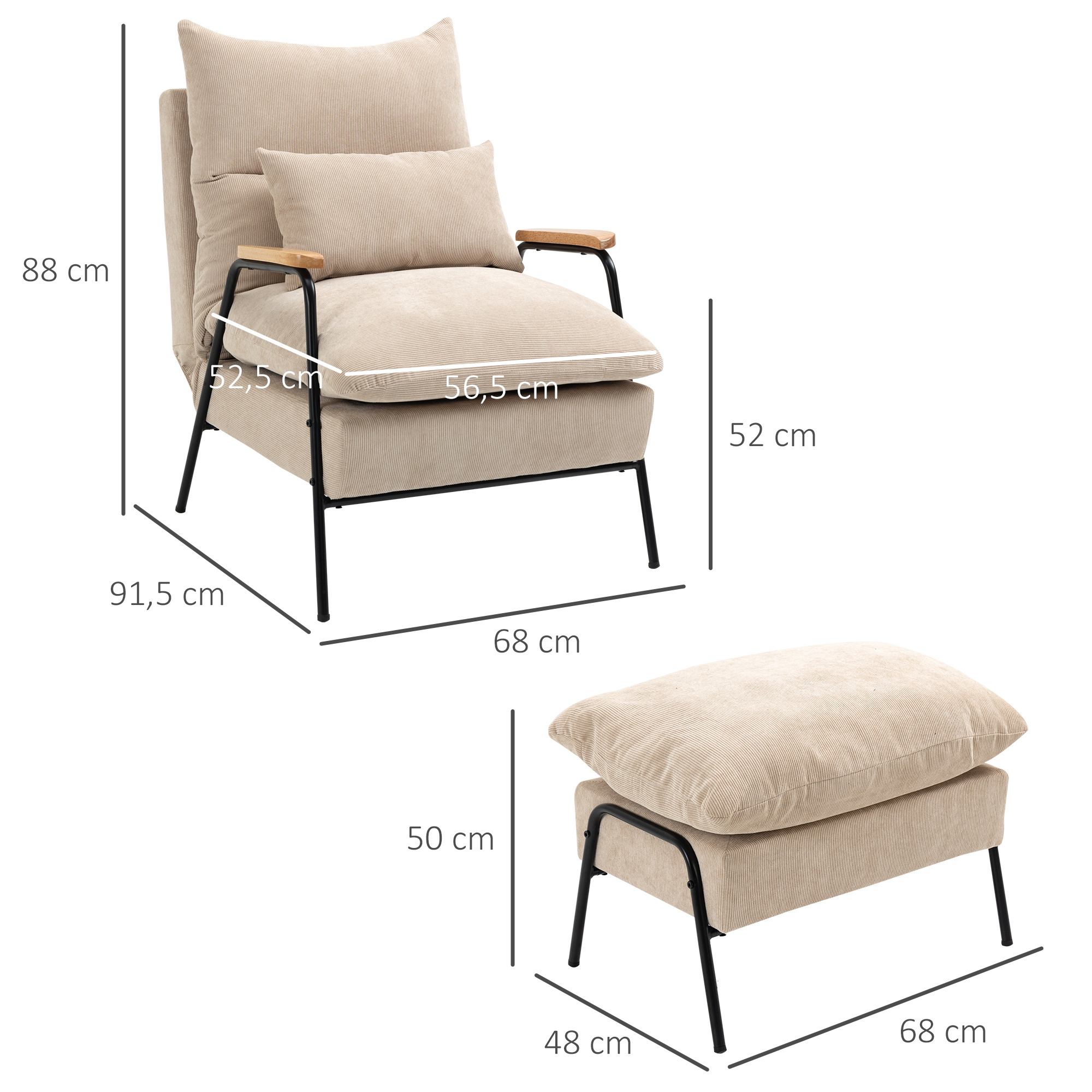 Polstersessel mit Hocker, Relaxsessel mit Liegefunktion, Polsterstuhl, Kissen, Fernsehsessel, 68 x 91,5 x 88 cm, Beige