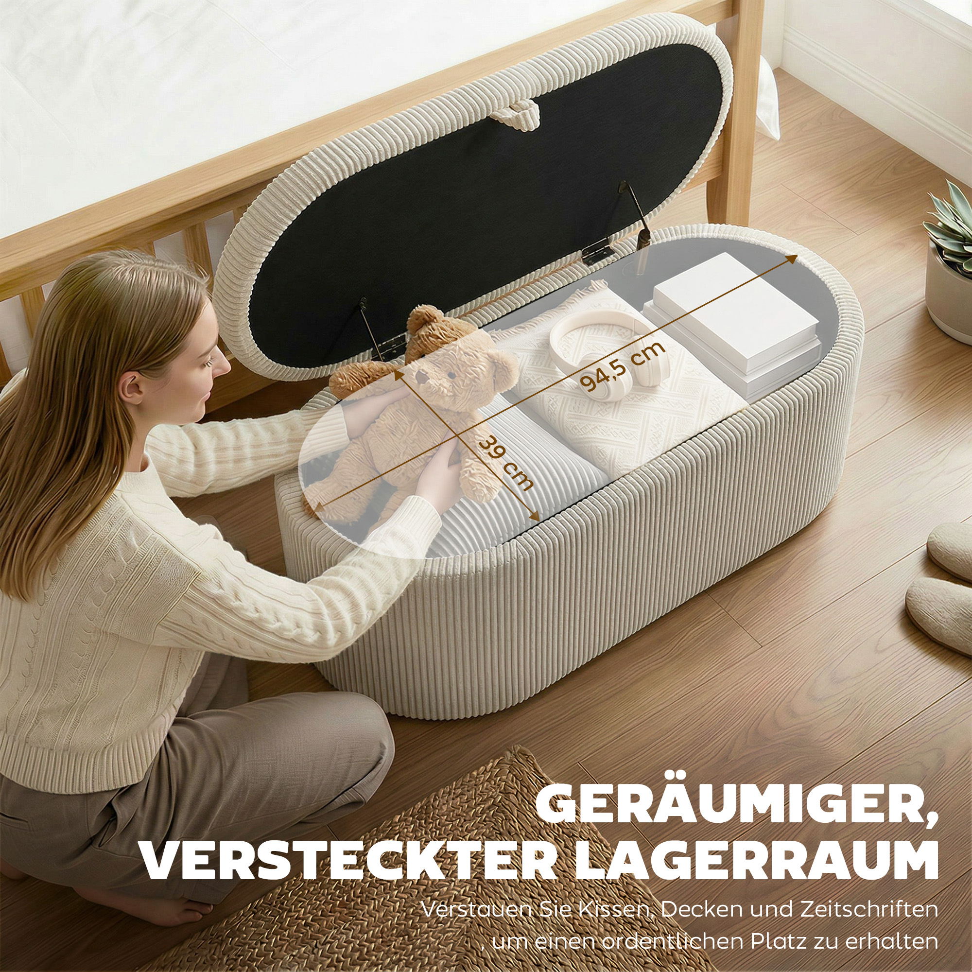 Aufbewahrungs-Ottomane, Cord-Polsterung mit gepolsterter Sitzfläche, Sitzbank am Bettende, 105 x 51 x 49 cm, Beige