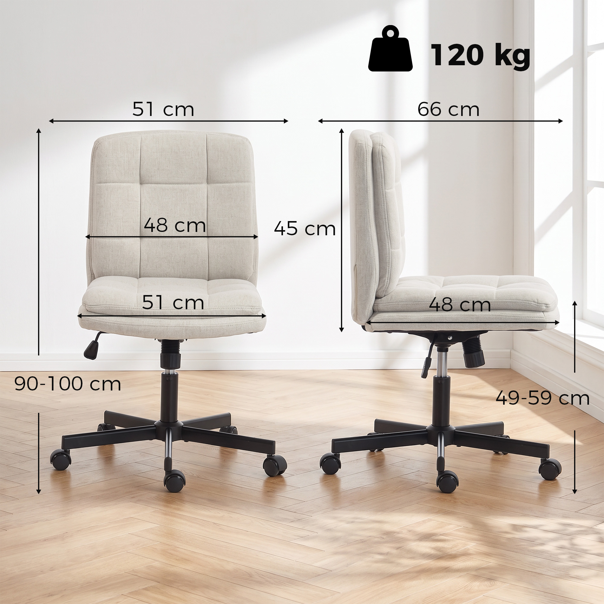 Bürostuhl ohne Armlehnen, Schreibtisch- & Schminkstuhl in Leinenoptik, mit Doppelschicht-Polsterung, Wippfunktion, Hellgrau