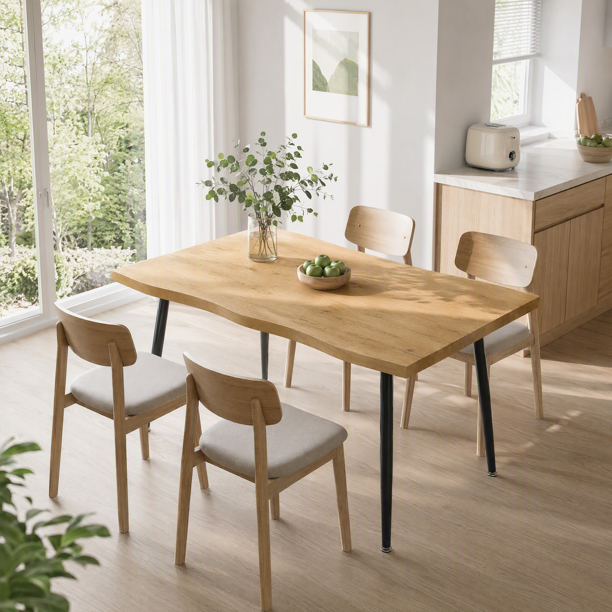 Esstisch für 4 Personen, 110 cm Nordischer Rechteckiger Küchentisch mit Stahlbeinen für Wohnzimmer und Esszimmer, Eiche
