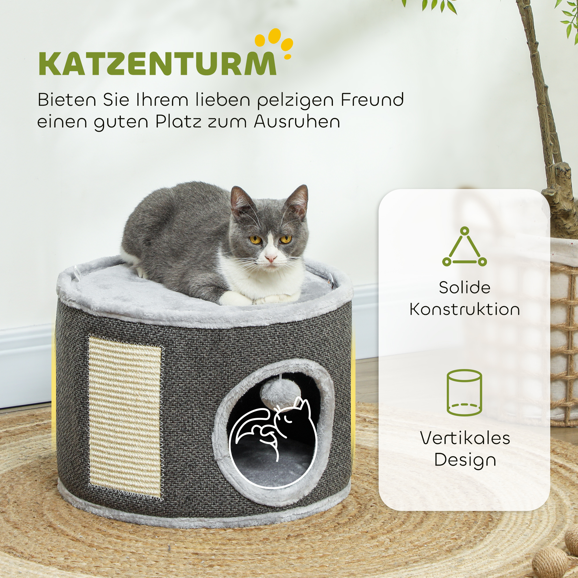 Katzenhöhle, 2 Etagen, Katzenhaus, Plüsch, Kissen, Sisal-Kratzbrett, Φ40 x 30H cm, Dunkelgrau