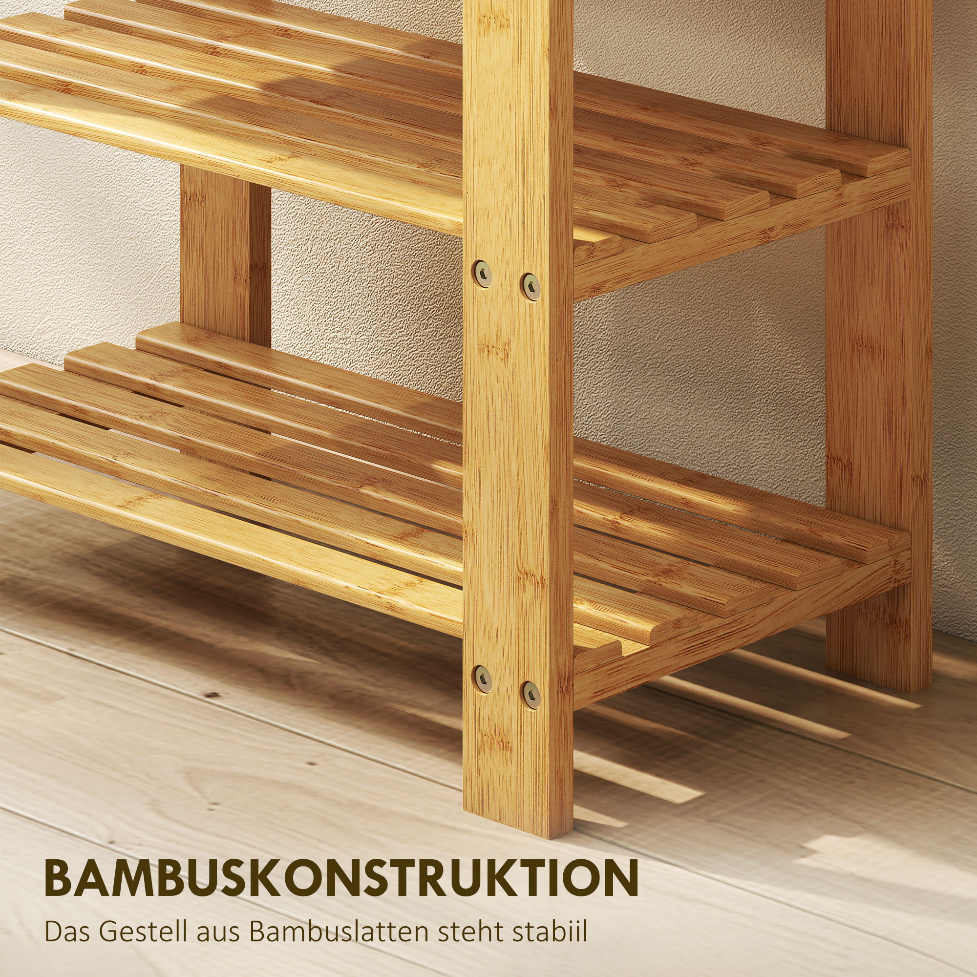 Schuhbank aus Bambus, Schuhregal mit 2 Ablagen, Sitzfläche, für Flur, Eingangsbereich, 50x28x45cm, Natur