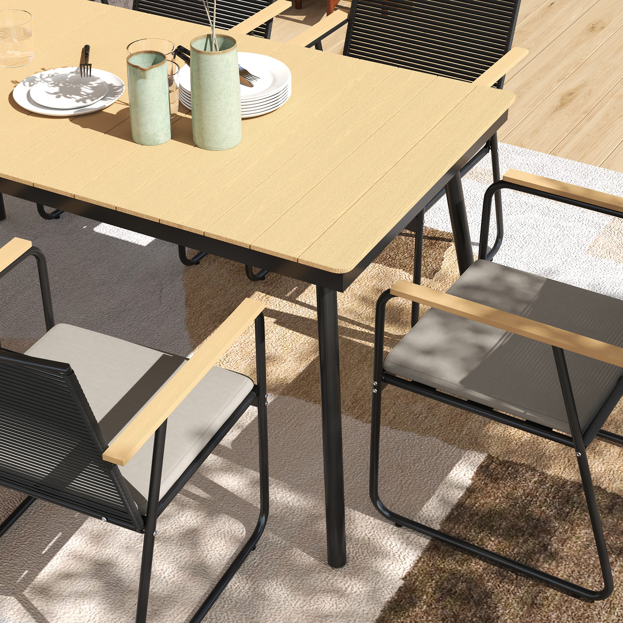 Sitzgruppe 7-teilig Metall Essgruppe für 6 Personen Esstisch mit Tisch 6 Stühlen Esszimmergruppe Naturholz+Schwarz