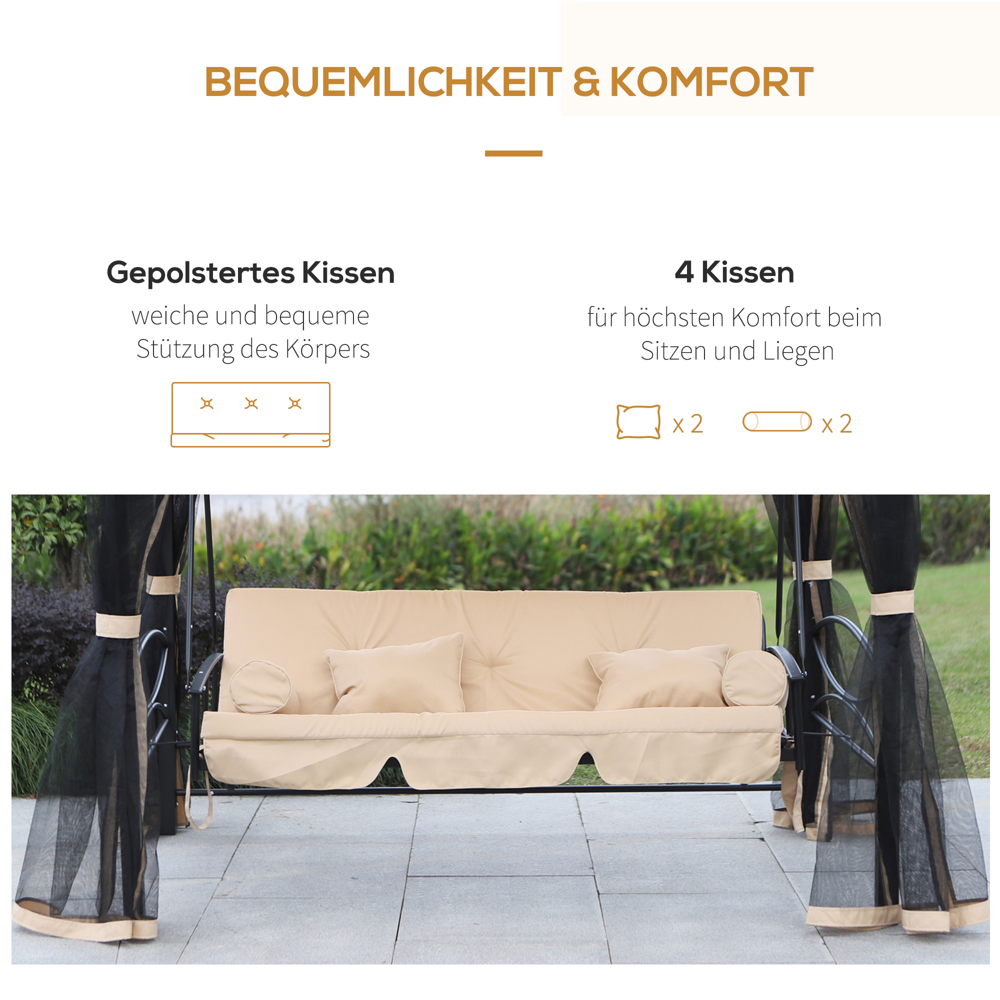 Hollywoodschaukel Gartenschaukel Schaukel mit Seitenwänden 3-Sitzer Beige 256 x 172 x 248 cm