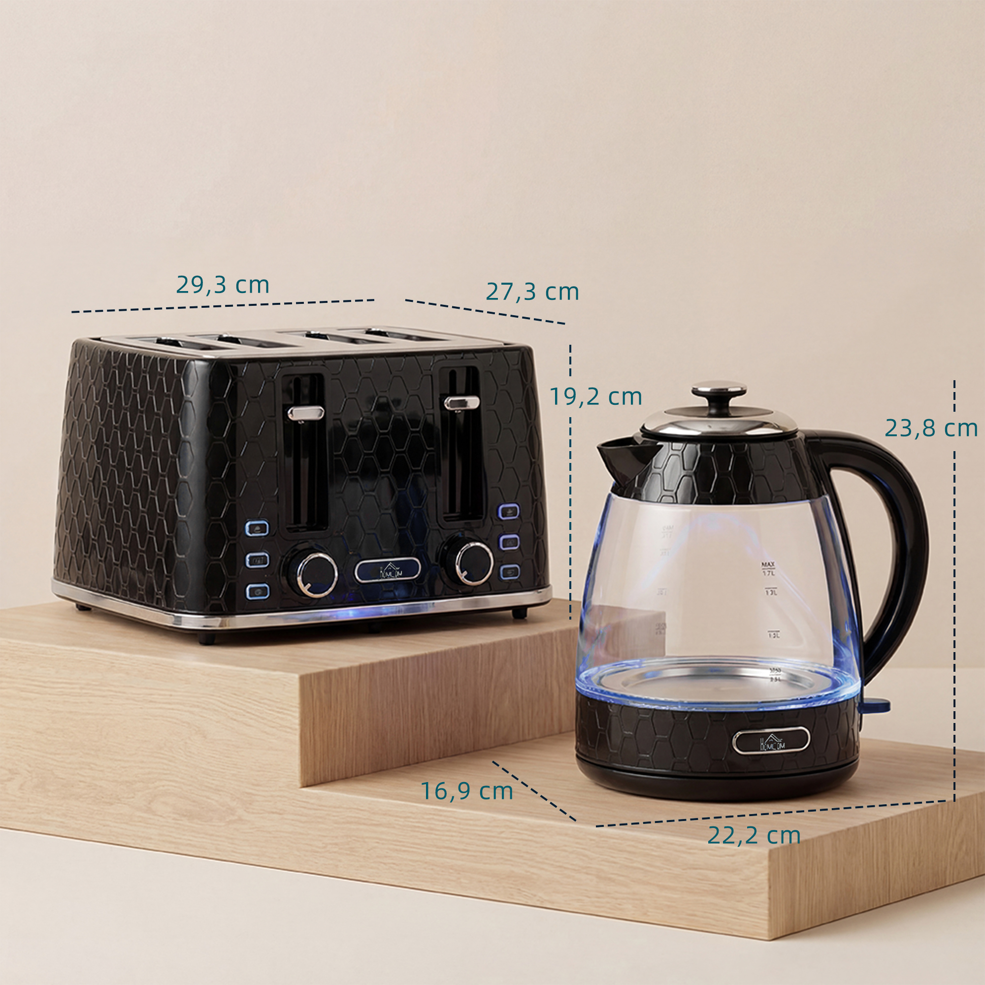 1,7L 2200W Schnellkoch-Wasserkocher und 4-Scheiben-Toaster-Set mit Kalkfilter, Schwarz