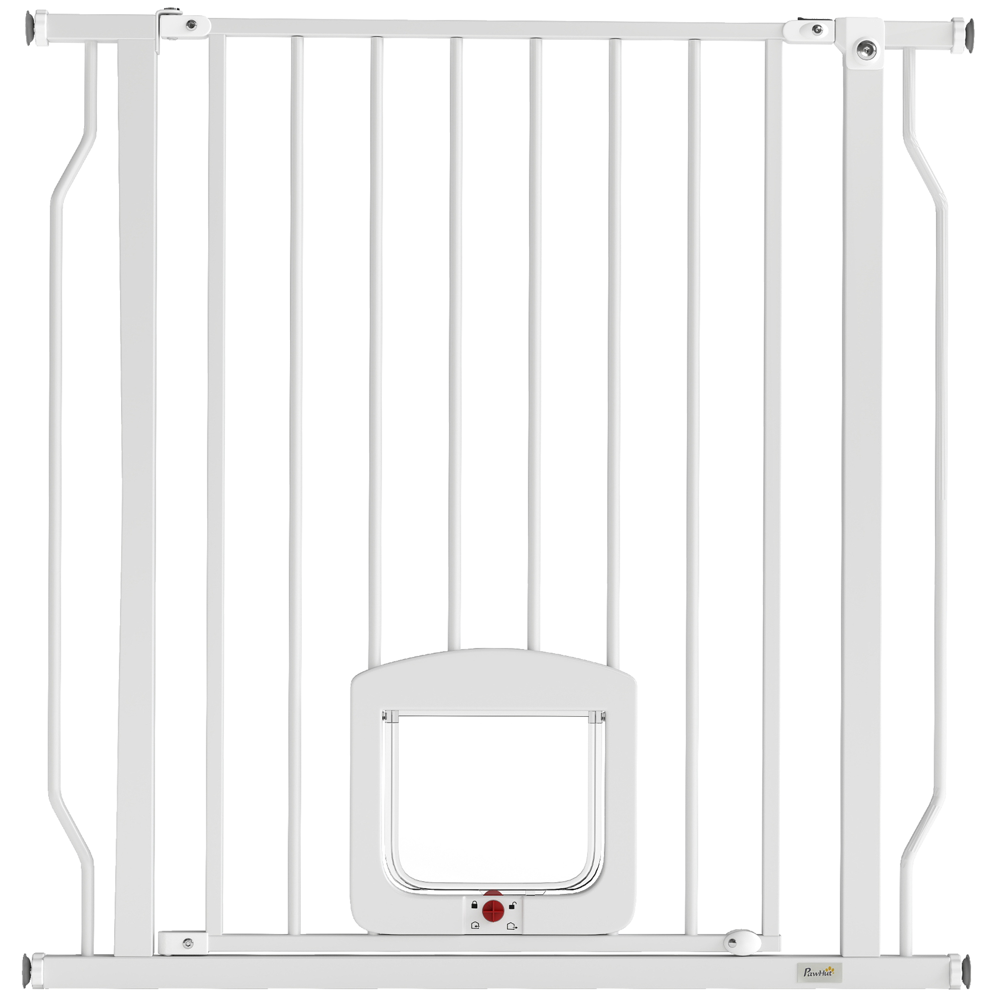 Treppenschutzgitter Türschutzgitter mit Katzenklappe ohne Bohren 75-85 cm aus Stahl für Hunde, Treppen, Tür, Weiß