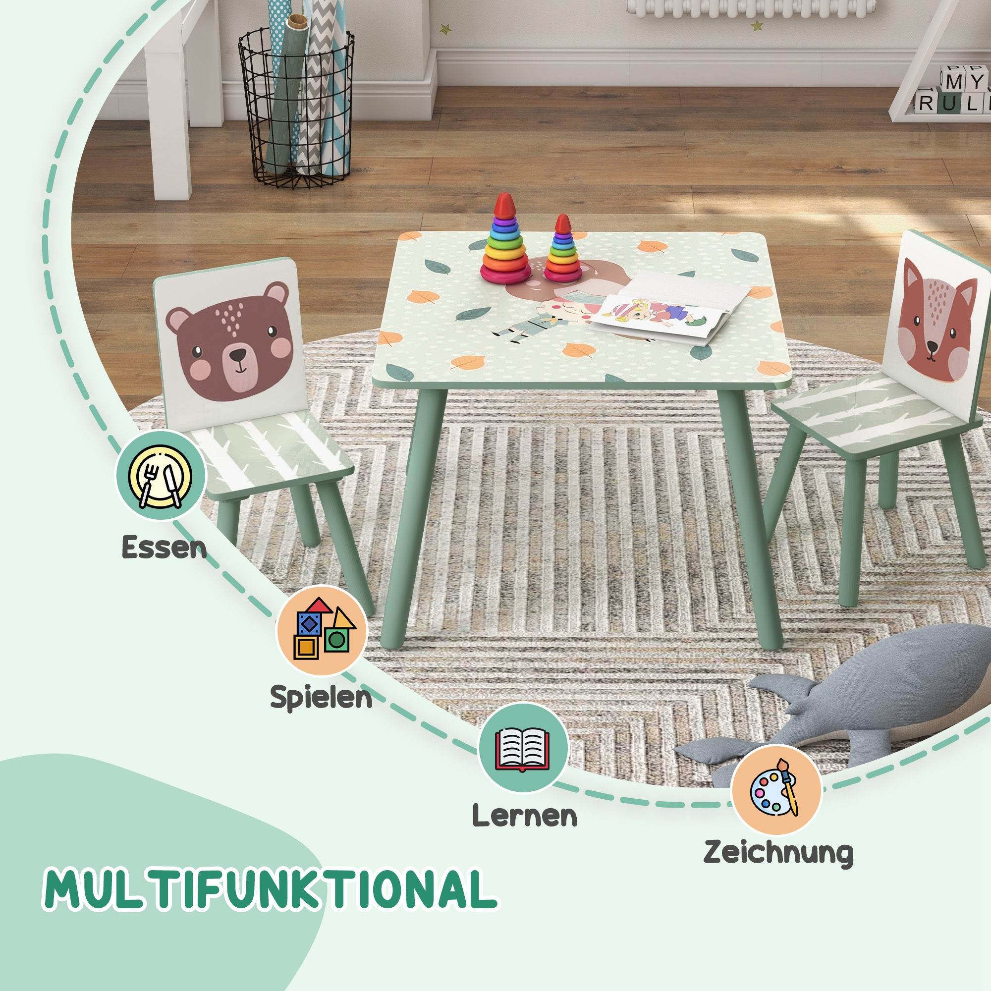 Sitzgruppe für Kinder 3-8 Jahre, 1 Tisch & 2 Stühle, niedliches Tiermotiv, Grün