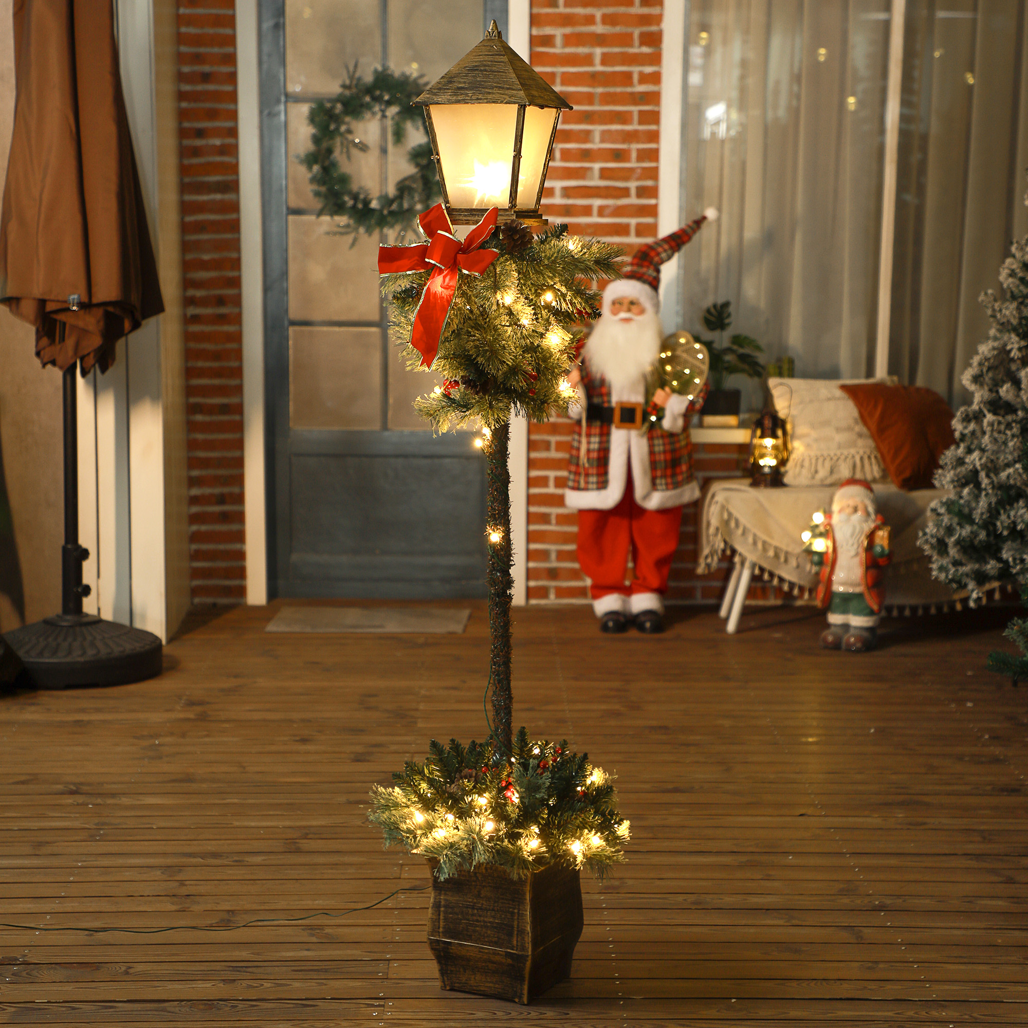 Weihnachtslaterne mit Beeren, Zapfen & Schleife, LED-Lichter, Metallmast, 150 cm