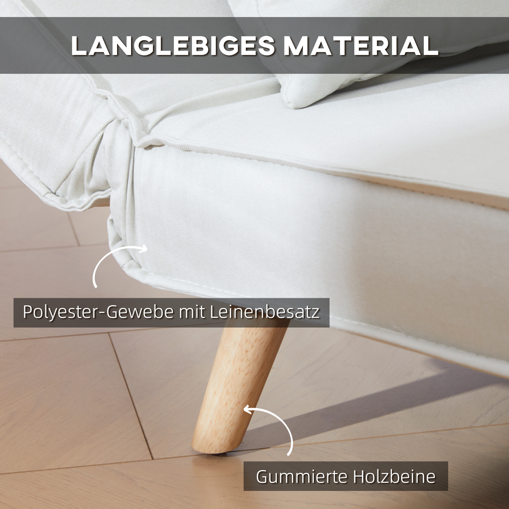Einzelsofa Schlafsofa Sofabett Klappsofa verstellbar Rückenlehne Liege nordisch skandinavisch 25D Schaumstoff Haus Leinenimitat Kautschukholz Cremeweiß 94 x 78 x 80 cm