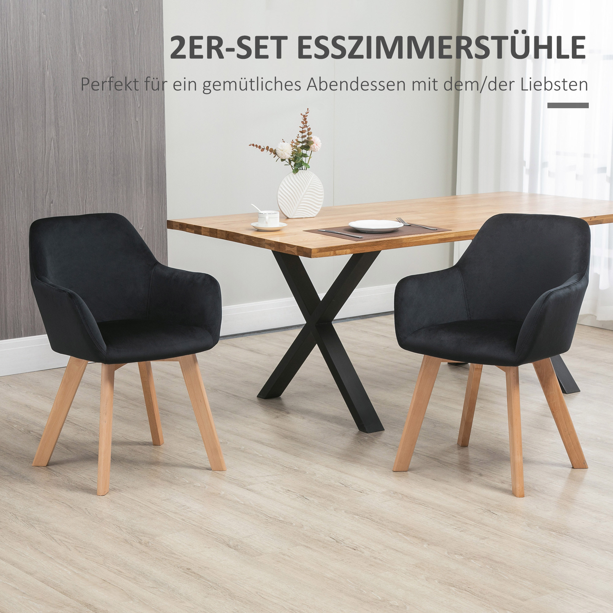 Esszimmerstühle, 2er-Set, modernes Design, Samtoptik, Kautschukbaumholz, 54x57x80 cm, Schwarz