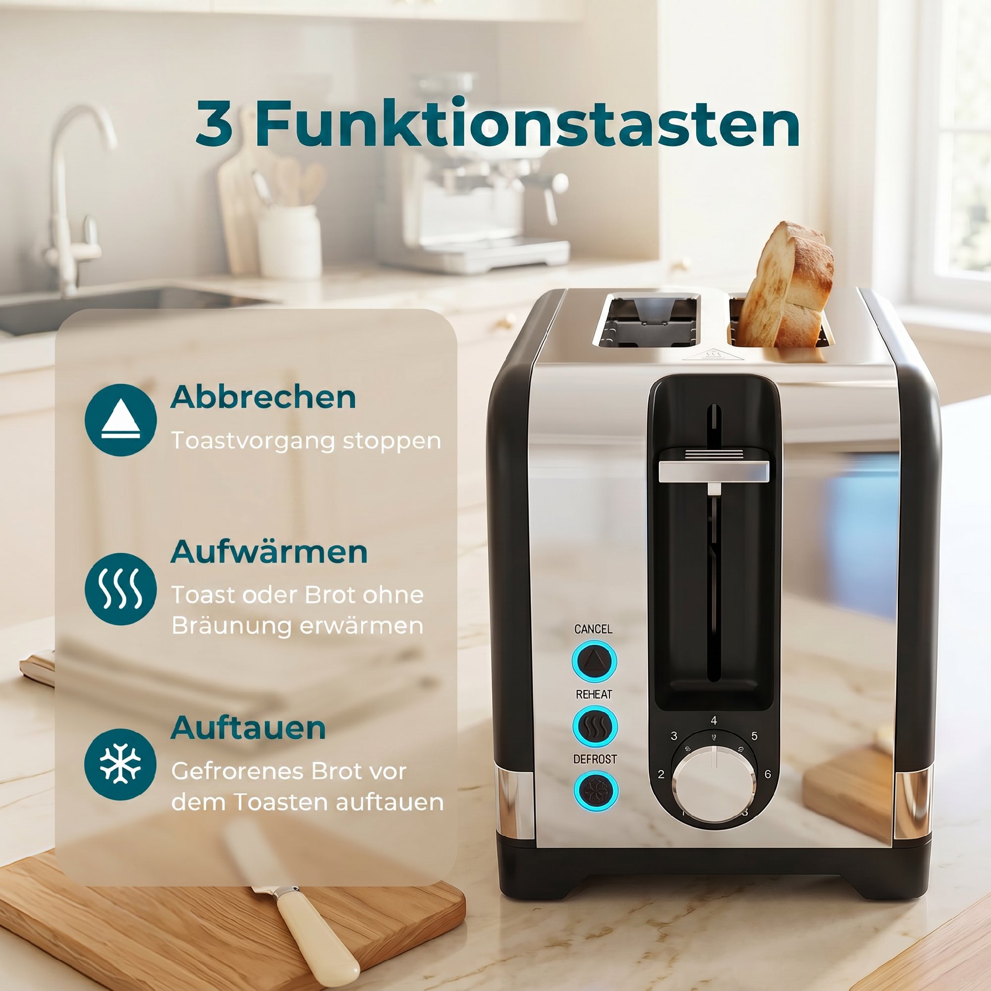 2-Scheiben-Toaster mit 7 Bräunungsstufen, Aufwärm-/Auftau-/Abbruchfunktionen, Wärmerost, 930 W