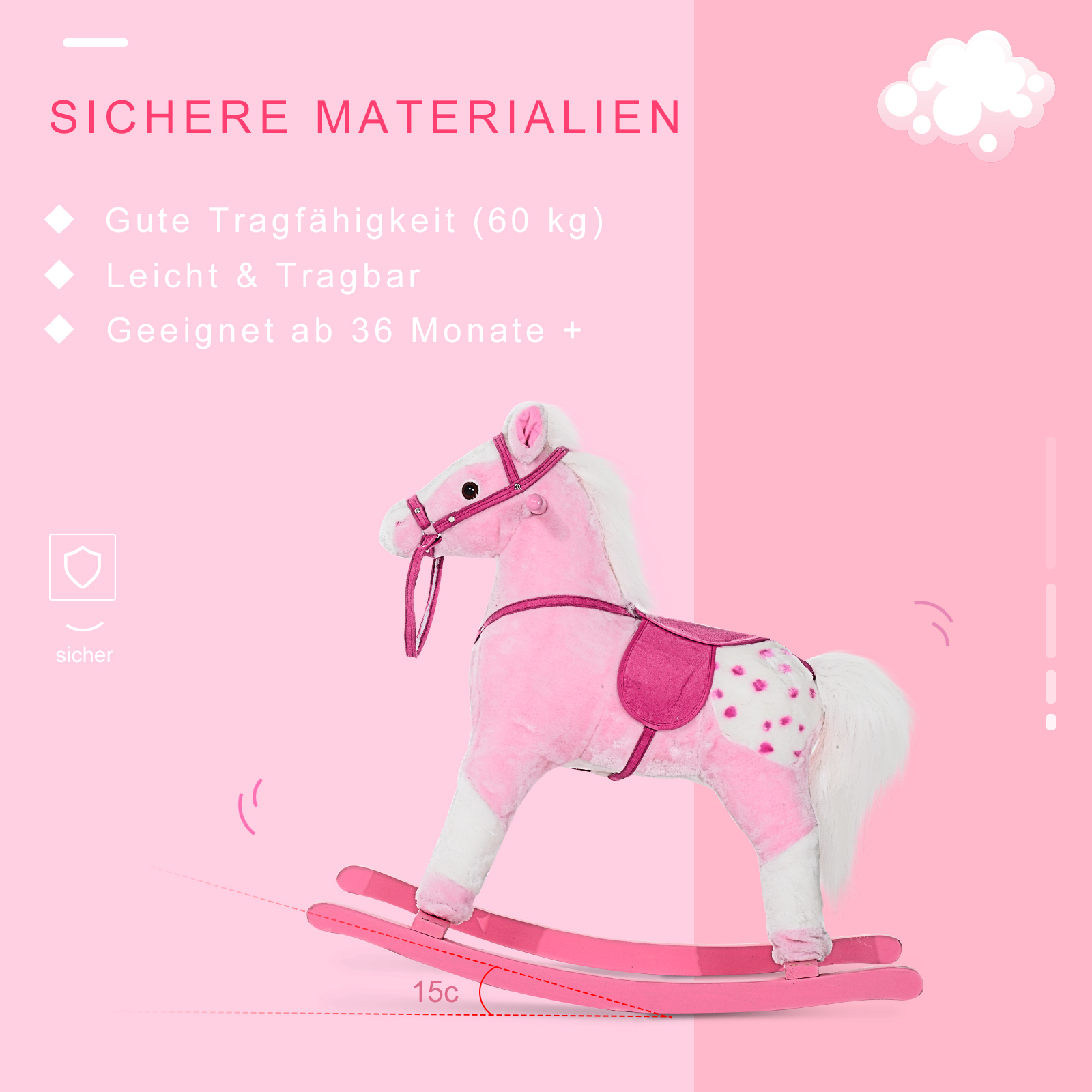 Schaukelpferd Schaukeltier mit Sound Effekt, Haltegriffen Plüsch Baby Schaukelspielzeug Schaukel für 3-6 Jahre Kinder