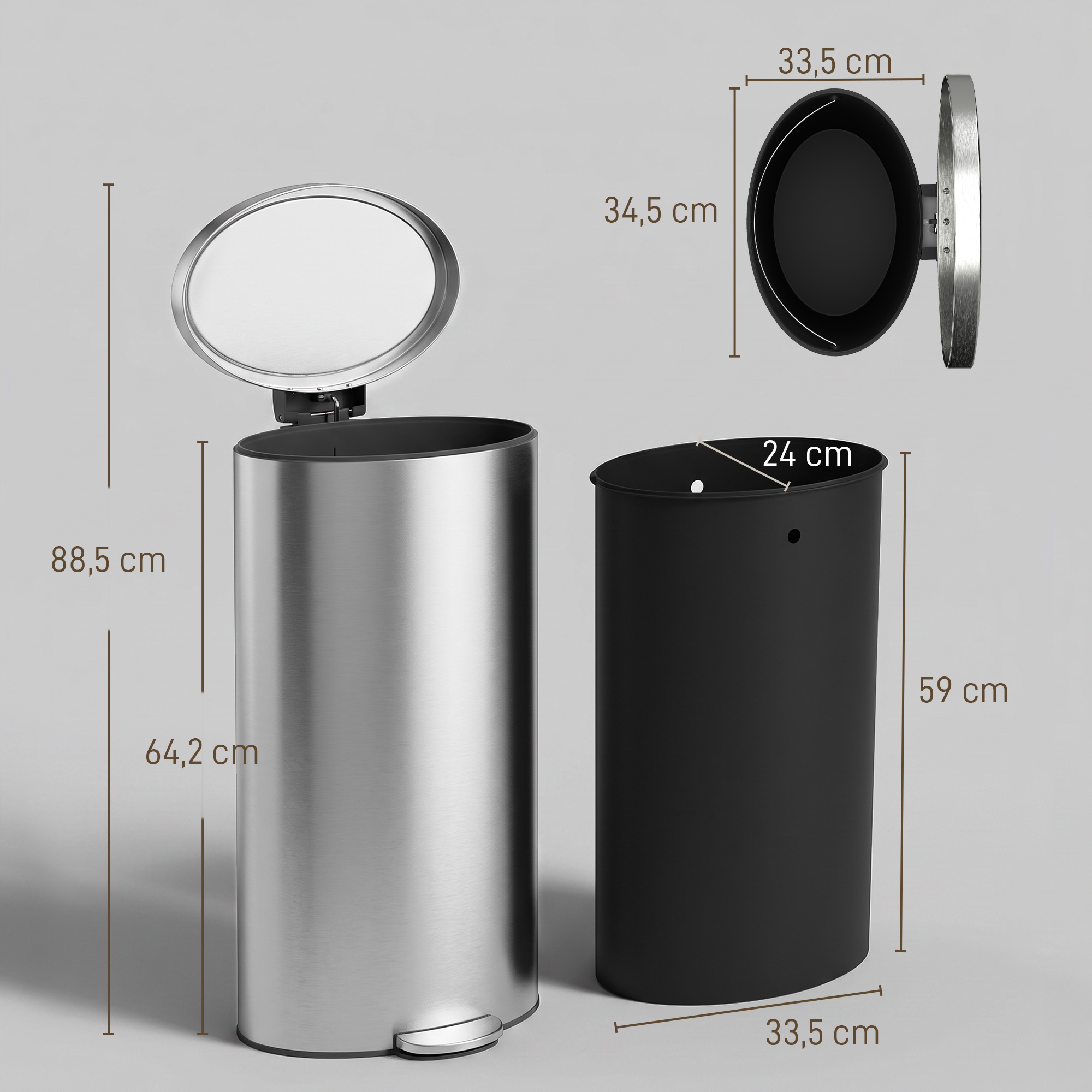 Mülleimer mit Soft-Close Deckel Treteimer mit Herausnehmbarem Inneneimer 30L Silber