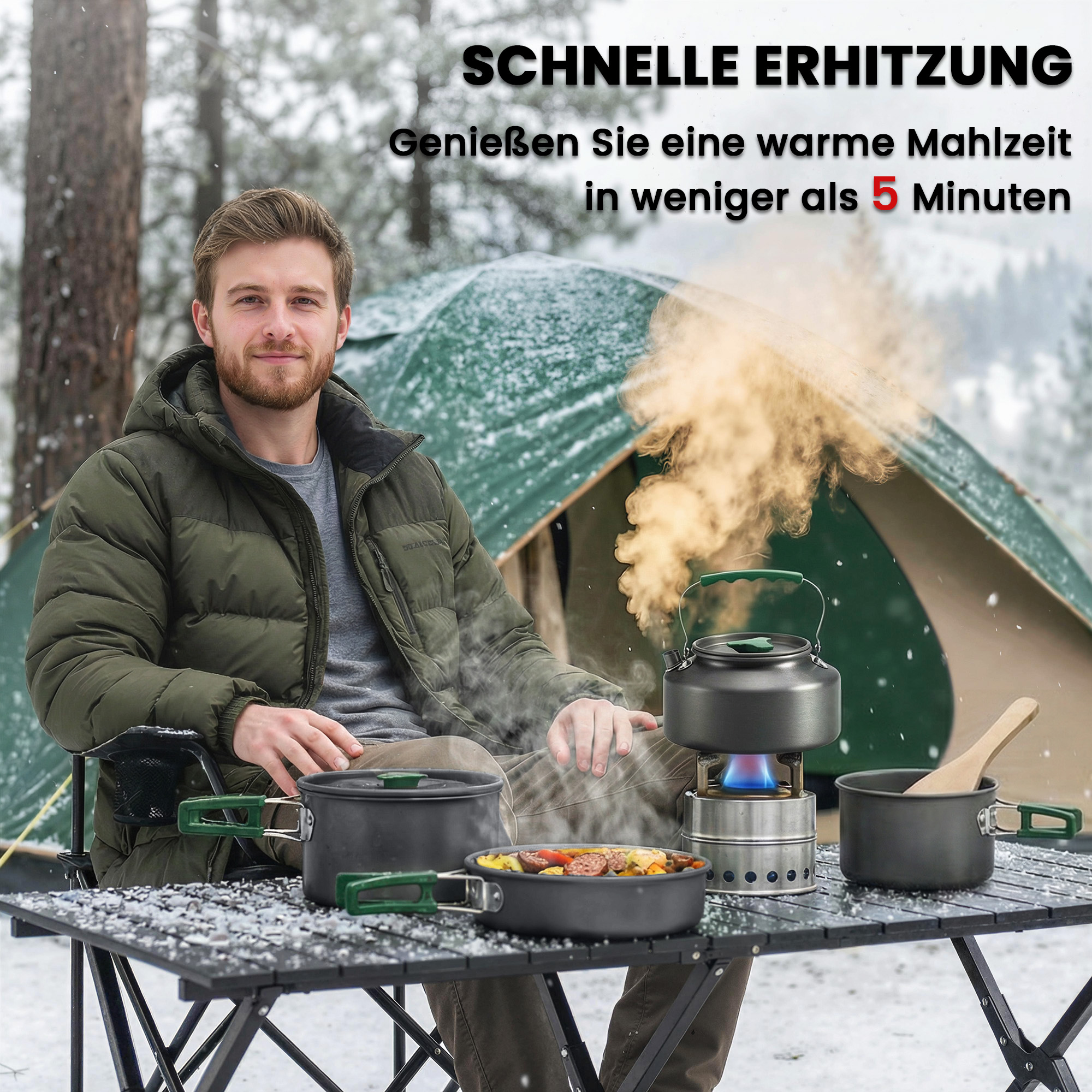 Camping Kochgeschirr Set 5-teiliges Outdoor Geschirr Set mit Anti-Verbrühungsgriffen Topf Pfanne für 4-5 Personen Grau