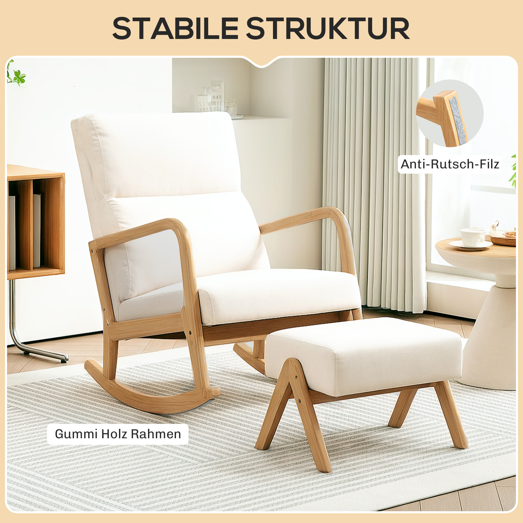 Schaukelstuhl mit Hocker, weiche Polsterung, Leinenoptik, Holzrahmen, Cremeweiß