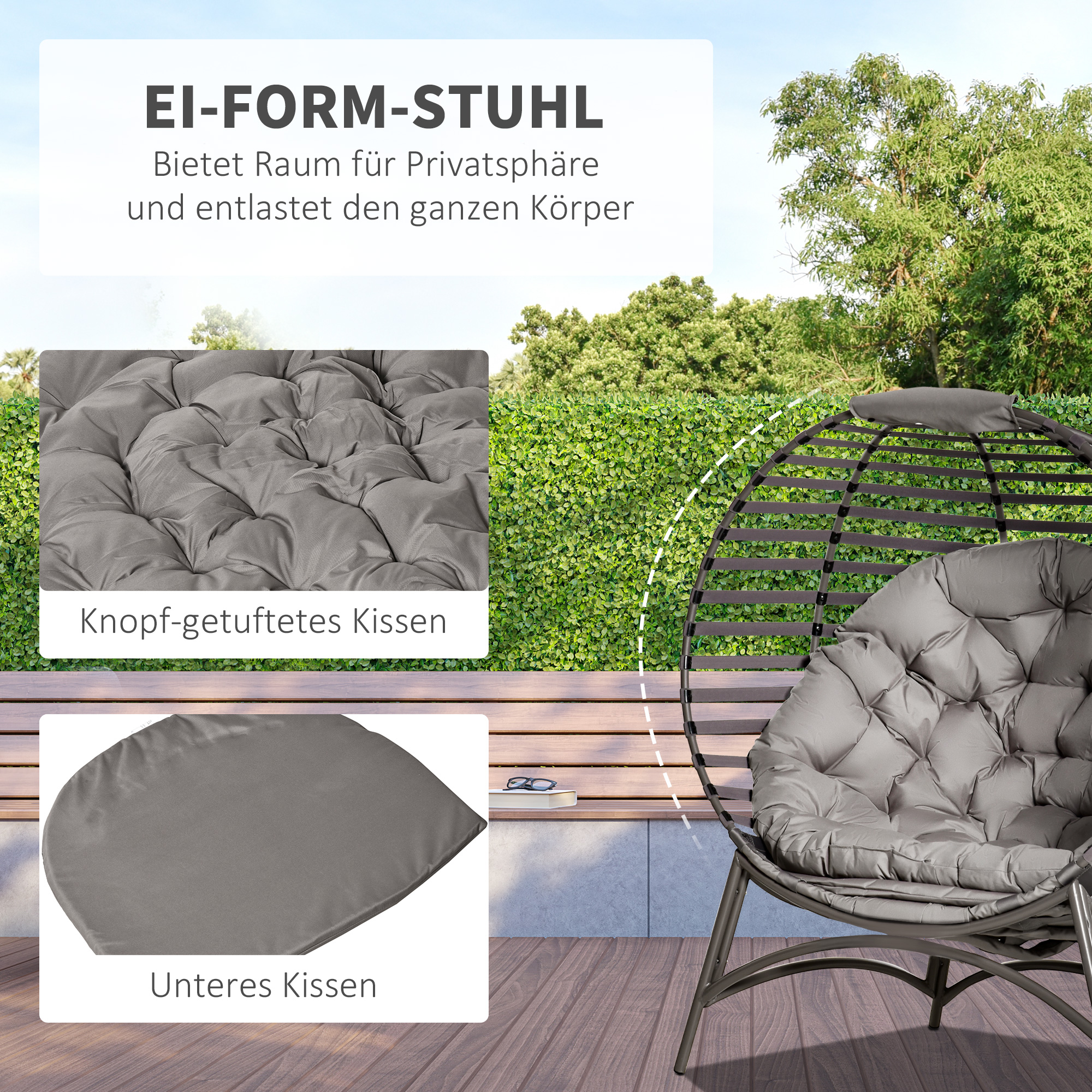 Papasansessel Gartenstuhl 2Korb-Stuhl mit Kissen oval Loungesessel Korb faltbar Balkon Terrasse Outdoor/Indoor Sandbraun Stahl 118 x 75 x 139 cm